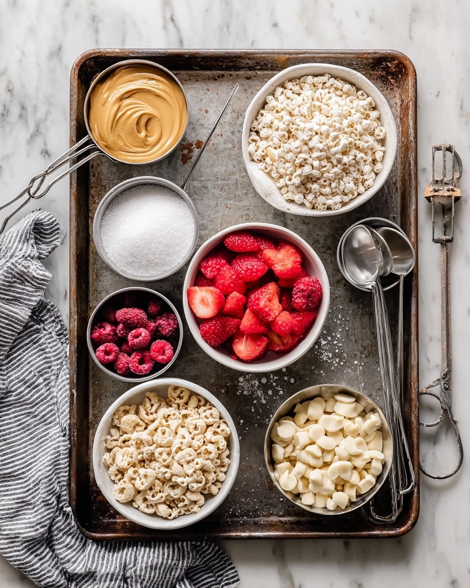 The image shows a rustic dark metal tray on a white marbled surface with a copper cooling rack beneath it and a gray and white striped cloth on one corner. In the tray, there are two metal measuring spoons on the top right side, one large and one small, both shiny. At the top left side is a ¼ cup metal spoon filled with creamy light brown peanut butter. Next to it is a ½ cup metal spoon filled with white powdered sugar. Below these spoons, there are four white bowls and small metal cups arranged in two rows. The first row has a white bowl filled with pale puffed rice cereal on the left and a small metal cup filled with sliced bright red strawberries on the right. The second row has a small metal cup filled with dark red freeze-dried raspberries on the left and another small metal cup filled with crumbled white chocolate pieces on the right. A white bowl filled with more pale puffed rice cereal is partly visible in the background at the top. Photo taken with an iphone --ar 4:5 --v 7