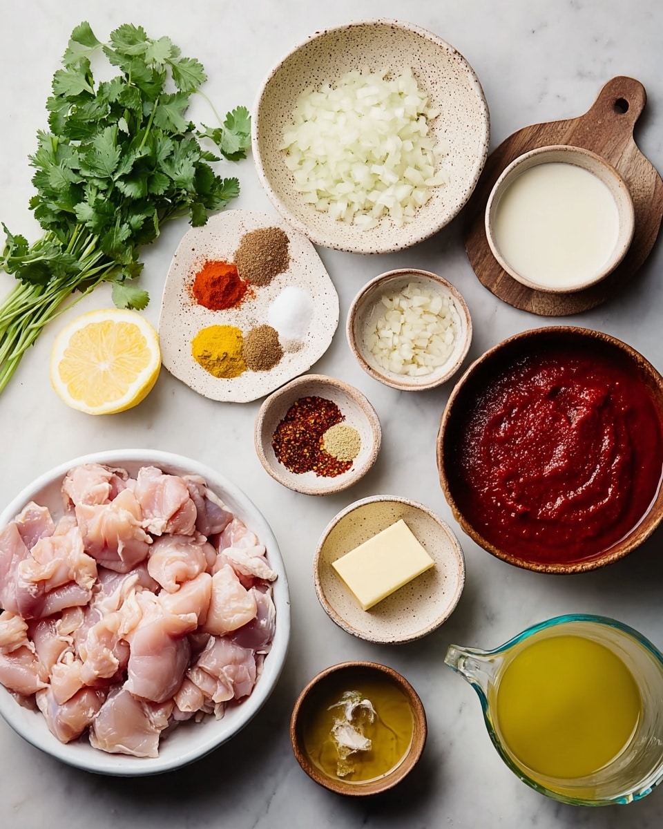 The image shows many cooking ingredients placed on a white marbled surface. On the left, there is a white bowl filled with raw pink chicken pieces. Next to it, fresh green cilantro leaves lay on the surface. There is a wooden plate with various colorful spices in four sections: white, orange, brown, and yellow. Above it, a speckled beige bowl holds finely chopped white onions. Nearby, a small wooden bowl contains finely chopped garlic, with a half lemon cut beside it. A small white plate holds two light yellow butter pieces. Smaller wooden bowls with minced ginger and olive oil are placed near a white measuring cup full of cream. To the right, a brown bowl holds thick red tomato paste, and next to it, a clear measuring jug contains pale yellow broth. The scene looks clean and bright, with the items evenly spaced. photo taken with an iphone --ar 4:5 --v 7