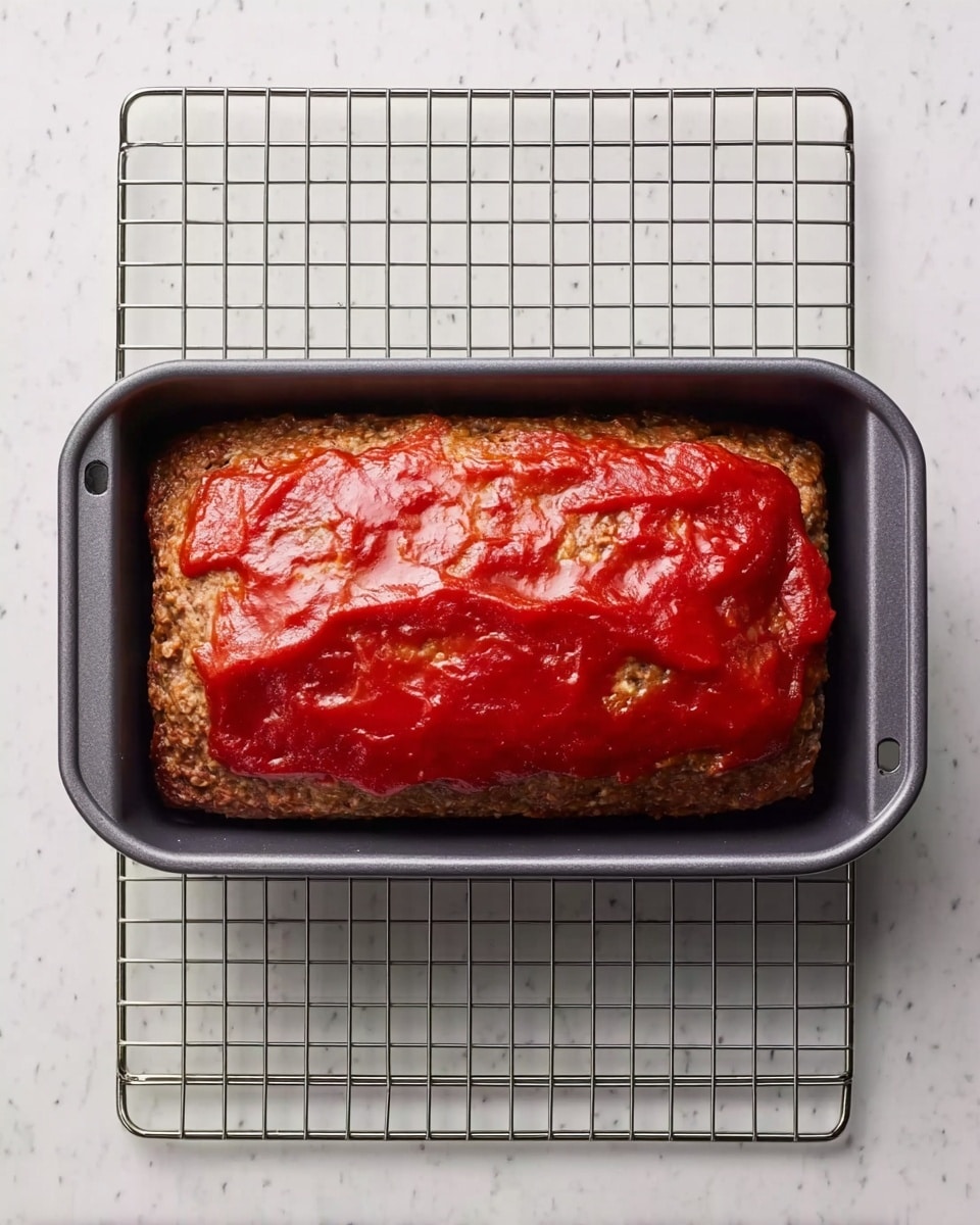 A rectangular meatloaf sits in a dark grey baking pan on a silver cooling rack over a white marbled surface. The meatloaf has a thick, shiny red sauce layer spread evenly on top, covering the brown, textured meat layer underneath. The edges of the meatloaf are slightly uneven, and the pan shows a small gap between the baked meat and the pan walls. The cooling rack's grid lines create a subtle pattern beneath, and the overall composition is bright with soft shadows. photo taken with an iphone --ar 4:5 --v 7