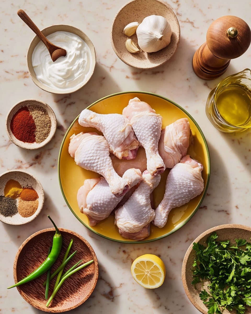 A yellow plate holds a pile of nine raw chicken drumsticks arranged casually, showing their pale pink skin and smooth texture. Around the plate, there are several small bowls and plates placed on a white marbled surface: a bowl of white yogurt with a wooden spoon, a small bowl with a whole garlic bulb and a single garlic clove, a wooden plate with a halved green chili pepper exposing seeds, another wooden plate with fresh green parsley, chives, and a lemon half, and a beige bowl with a mix of spices in separate sections including brown, red, and beige powders. A tall glass bottle of oil and a wooden pepper grinder are also present. Photo taken with an iphone --ar 4:5 --v 7