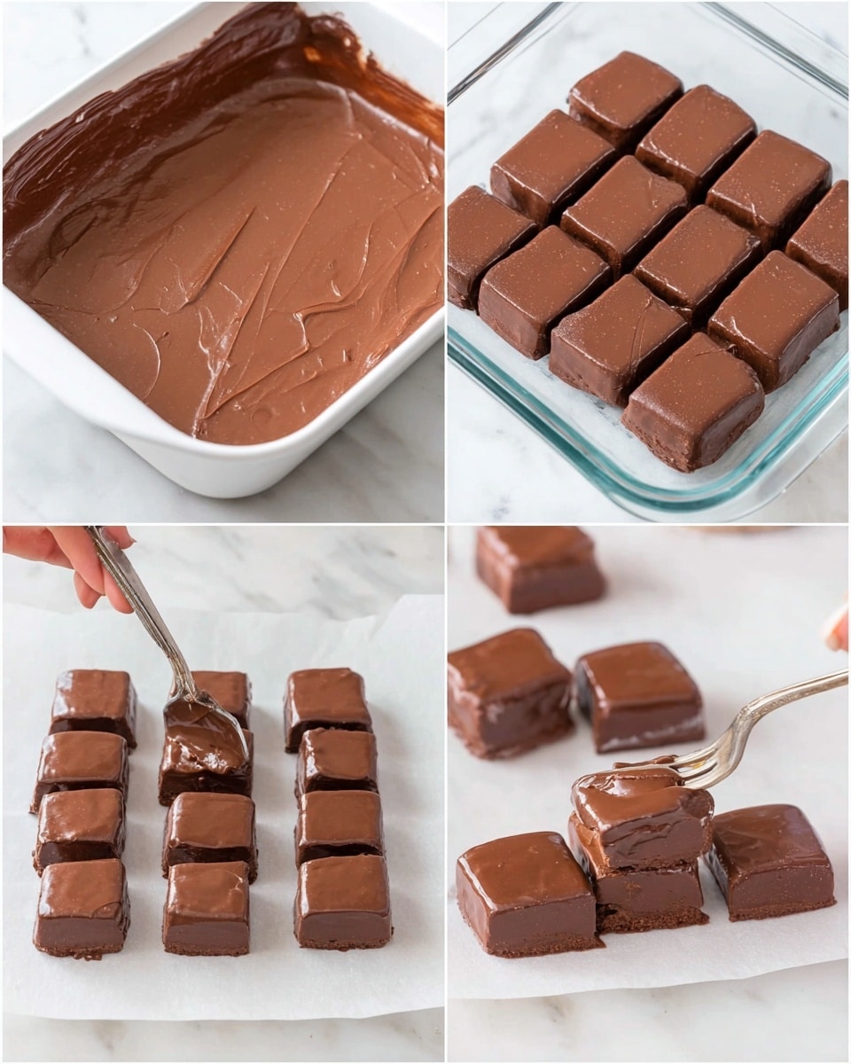 The series shows a white baking pan filled with a thick, smooth, brown chocolate mixture in the first image. The second image presents the same chocolate slab, now cut into even square pieces on white parchment paper. In the third image, a close-up shows a single square piece of chocolate being dipped into melted chocolate, covering it with a shiny, smooth layer, held by a woman's hand using a fork. The fourth image displays multiple small square pieces coated fully in glossy chocolate, arranged neatly on white parchment paper over a white marbled surface. photo taken with an iphone --ar 4:5 --v 7