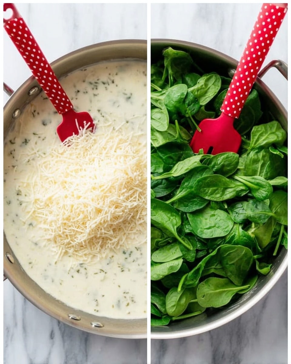 The image shows two side-by-side views of a stainless steel pan sitting on a white marbled surface. In the left view, the pan contains a creamy white sauce with specks of herbs, topped with a generous layer of grated white cheese. A red spatula with white polka dots is dipped into the sauce on the right side of the pan. In the right view, a large pile of fresh green spinach leaves covers the creamy sauce, with the same red polka-dotted spatula resting on top of the spinach on the right side. The texture contrasts between the smooth sauce, the grated cheese, and vibrant leafy spinach are clear. Photo taken with an iphone --ar 4:5 --v 7