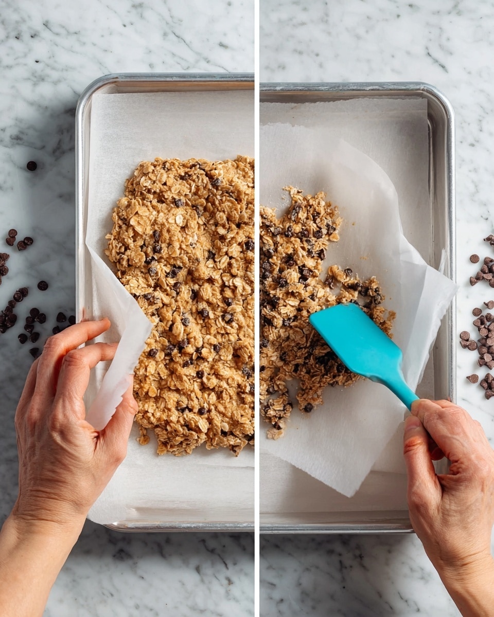 A white baking tray lined with parchment paper holds an uneven, chunky mixture of light brown oats and darker chocolate chips in the center. A turquoise spatula is pressing the mixture down on the parchment paper. Next to this spoon, a pair of woman's hands is seen gently placing another piece of parchment paper on top of the flattened mixture, smoothing it out. The tray rests on a white marbled surface with a few scattered chocolate chips around. photo taken with an iphone --ar 4:5 --v 7