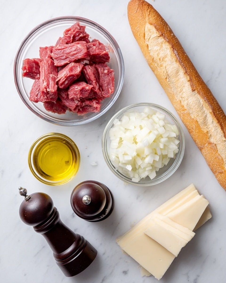 The image shows several ingredients placed on a white marbled surface. On the left, there is a clear glass bowl filled with thin slices of raw red meat. Next to it, on the right, is another clear glass bowl containing chopped white onions. Below the meat bowl, there is a small glass container holding light yellow oil. In the center, two dark brown wooden pepper and salt grinders sit side by side. To the right of the onions, a long white baguette rests diagonally on the surface. At the bottom right corner, there are three slices of pale cheese stacked slightly unevenly. The overall setting is clean and organized, with natural light highlighting the textures and colors. photo taken with an iphone --ar 4:5 --v 7
