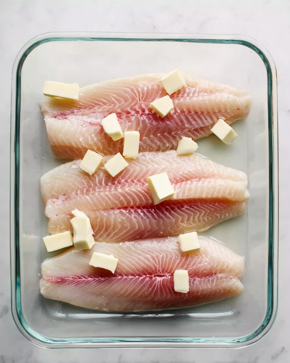 The image shows a clear glass baking dish containing four raw, pinkish-white fish fillets arranged side by side in one layer. Each fillet has a soft, slightly translucent texture with light red lines along the edges. Small white cubes of butter are evenly scattered on top of each fillet. The dish is placed on a white marbled surface. photo taken with an iphone --ar 4:5 --v 7