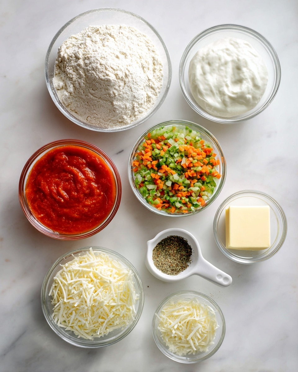 Seven small clear glass bowls are arranged on a white marbled surface. The largest bowl near the top center holds a mound of white self-rising flour. To its right is a bowl with thick white Greek yogurt. Below the flour bowl is a bowl of bright red pizza sauce, smooth in texture. To the right of the sauce is a bowl filled with finely chopped vegetables in green, orange, and light brown colors. Below the sauce bowl is a bowl with shredded white cheese. At the bottom right, a very small bowl contains a light yellow square of butter. Next to it, a tiny white cup holds a mix of light brown garlic powder and green dried oregano. photo taken with an iphone --ar 4:5 --v 7