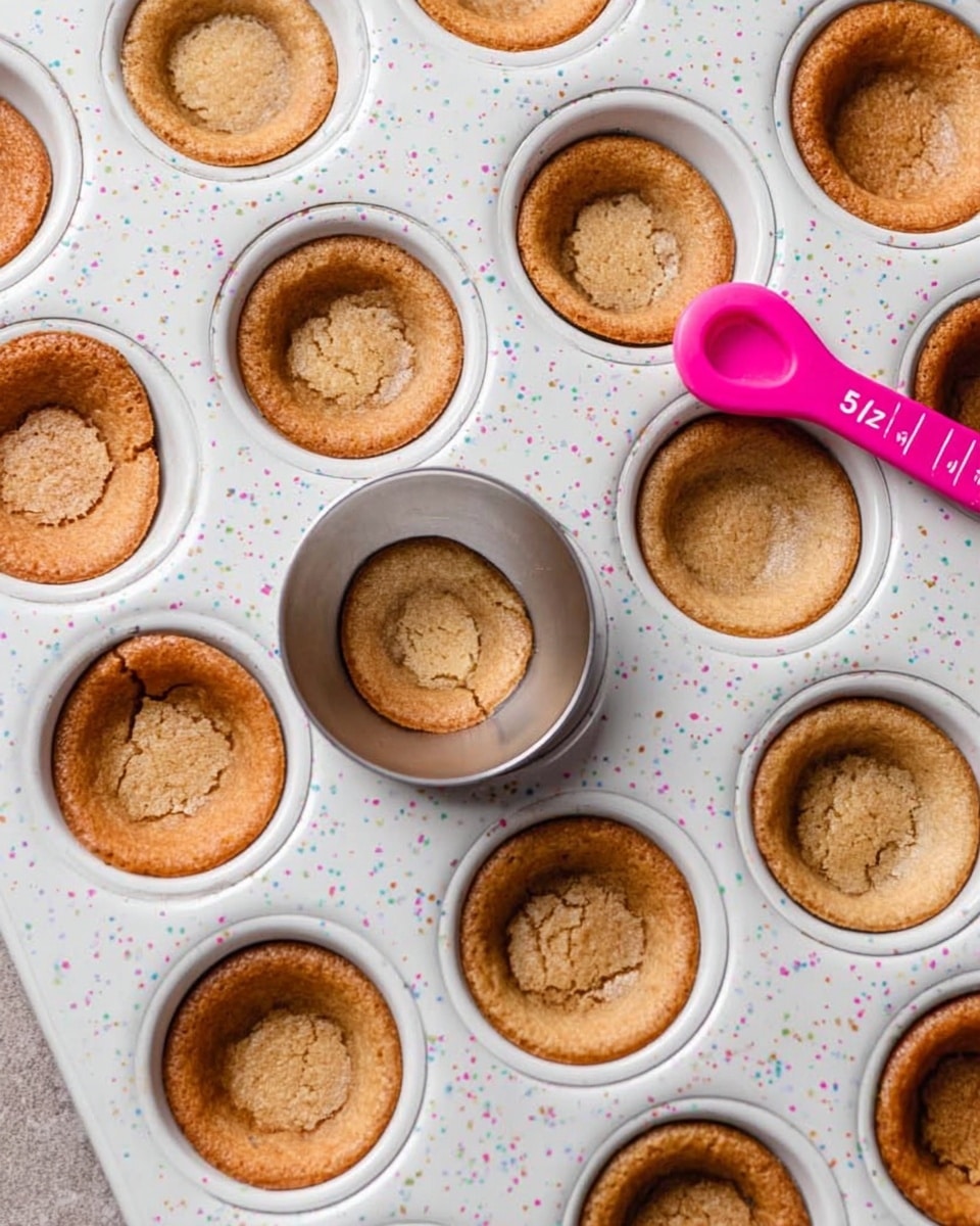 A white muffin pan holding twelve small, round cookie cups that look golden brown and crisp, with small cracks on the edges. One cookie cup is being shaped by a silver and pink measuring spoon labeled ½ tbsp, pressing the dough down inside the cup. The pan has tiny colorful speckles all over, adding a playful touch. photo taken with an iphone --ar 4:5 --v 7