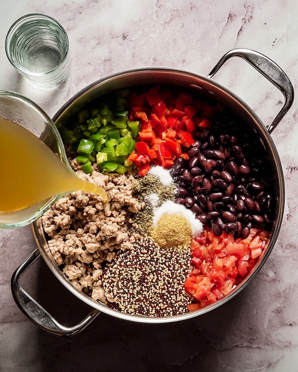 A large stainless steel pot with two handles sits on a white marbled surface. Inside the pot, there are six distinct layers arranged mostly side by side: cooked ground meat mixed with green and red bell pepper pieces on the left side, cooked black beans with a shiny dark texture on the bottom right, finely chopped cooked tomatoes with a bright red color in the top right, a small mound of white salt near the tomatoes, a scoop of light tan spice powder below the salt, and a pile of multicolored quinoa grains between the meat and tomatoes. A clear glass container is pouring golden broth into the pot from the bottom left corner. Next to the pot, on the marbled surface, is a clear glass of water. The scene is softly lit, showing all colors clearly. photo taken with an iphone --ar 4:5 --v 7