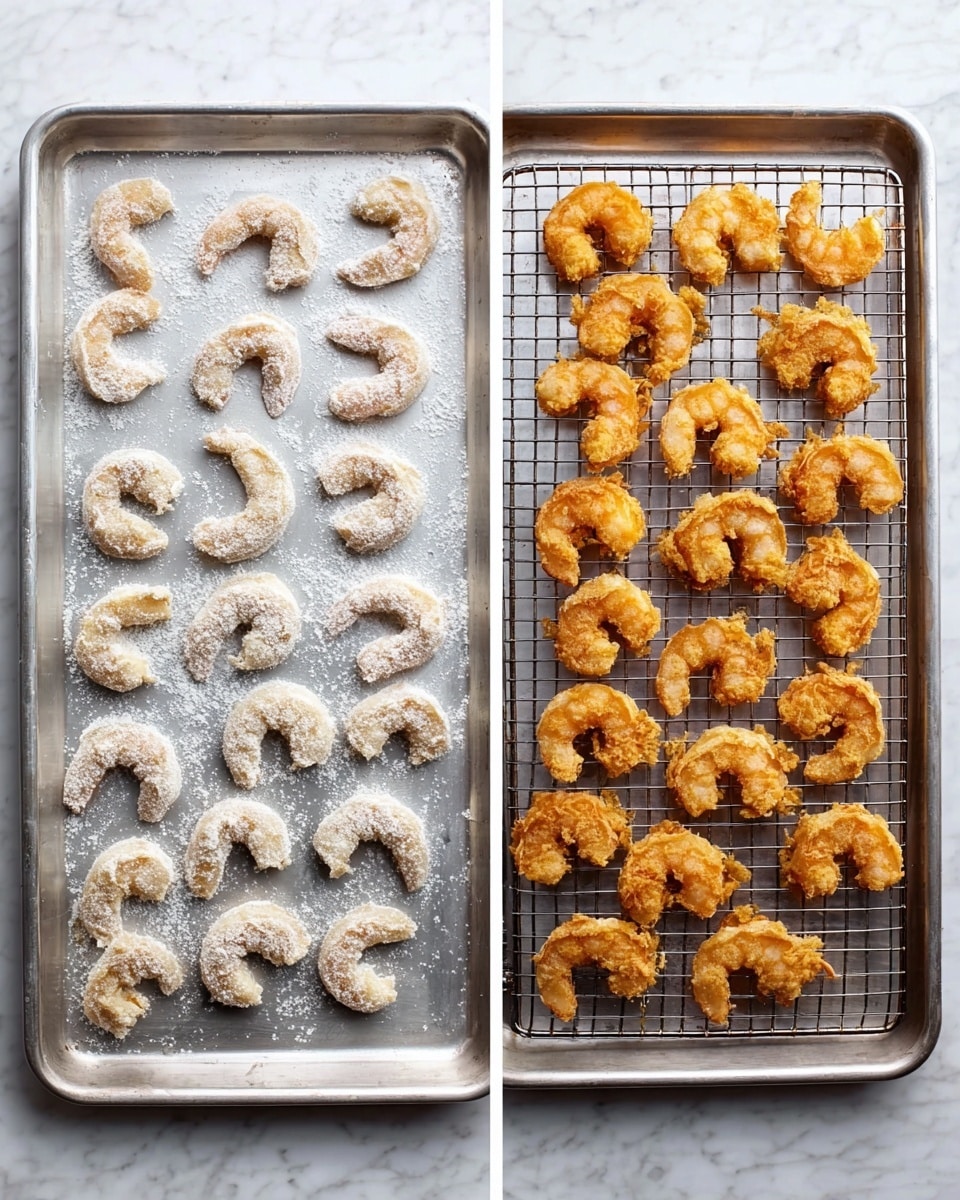 Two images side by side show the process of preparing fried shrimp. The left image has one layer of raw shrimp, each piece curved like a crescent, coated in a light white flour mix and spaced loosely on a metal baking tray. The right image shows one layer of cooked shrimp, each golden brown and crispy, arranged neatly on two metal cooling racks over a metal baking tray. Both images have a white marbled surface beneath the tray. photo taken with an iphone --ar 4:5 --v 7