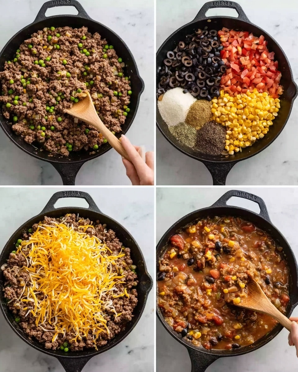 The image shows four steps of cooking ground beef in a black cast iron skillet on a white marbled surface. In the first frame, cooked ground beef with small green peas is being stirred with a wooden spoon held by a woman's hand. The second frame adds chopped black olives, diced tomatoes, minced garlic, corn kernels, and several spices on top of the beef, with the wooden spoon resting on the skillet. The third frame shows the beef mixed with the ingredients, now topped with a layer of shredded yellow cheese. The final frame displays the cooked mixture with a thick sauce, evenly combined with the beef and vegetables, being stirred by the wooden spoon. Photo taken with an iphone --ar 4:5 --v 7