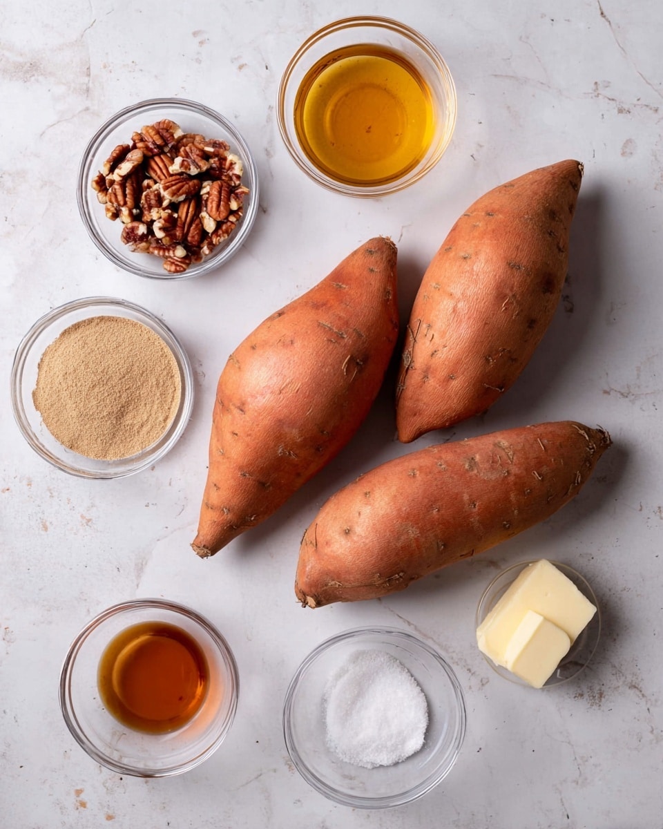 The image shows three whole sweet potatoes placed in the center on a white marbled surface. Surrounding them are six small clear glass bowls containing ingredients: one with chopped pecans, one with a light brown powder (likely cinnamon), one with a light golden liquid (likely apple juice or cider), one with a dark amber liquid (likely maple syrup), one with a small amount of white salt, and one with a small piece of pale yellow butter. The ingredients are evenly spaced around the sweet potatoes. Photo taken with an iphone --ar 4:5 --v 7