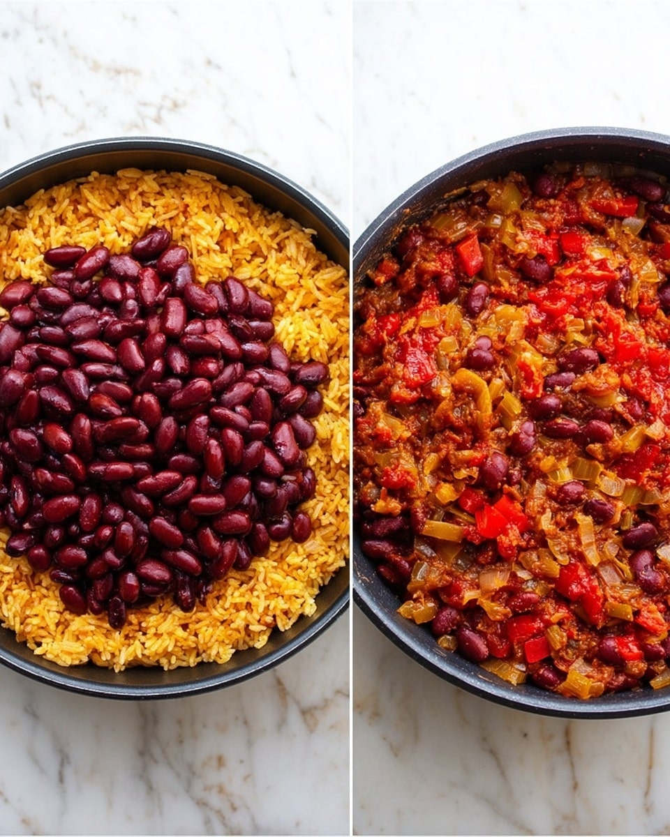 The image shows two black pans placed side by side on a white marbled surface. The left pan contains three visible layers: the bottom layer is yellow-orange cooked rice mixed with small pieces of onions, the middle layer is a heap of dark red kidney beans piled in the center-left, and the top layer on the center-right consists of bright red salsa with bits of peppers and tomatoes. The right pan displays the same ingredients fully mixed together, creating an even layer with the dark red kidney beans, light brown pieces of onions, and bright red salsa spread all over, giving a textured, colorful surface. Photo taken with an iphone --ar 4:5 --v 7