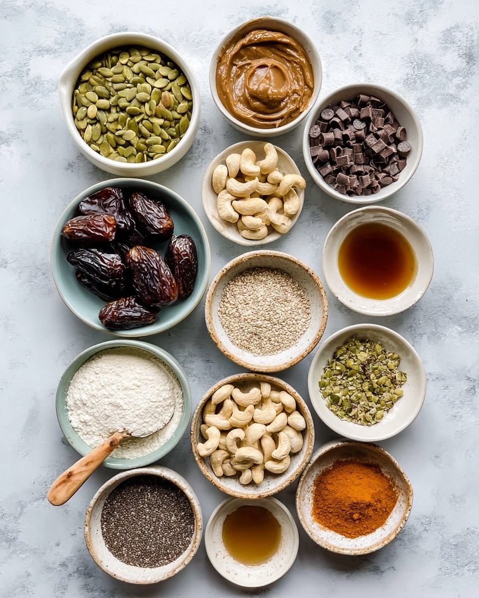The image shows eleven small white bowls arranged on a white marbled surface. Each bowl has different ingredients: one with green pumpkin seeds, one with smooth light brown peanut butter, one filled with dark brown dates, one with light beige cashew nuts, one with white flour and a small wooden spoon, one with dark brown chocolate chips, one with tiny black chia seeds, one with a ground flaxseed mix in light brown, one with white coarse salt, one with light green hemp seeds, one with dark golden vanilla extract, one with white solid coconut oil, and one with bright orange spice powder. All bowls have a smooth texture and sit neatly in an organized layout. Photo taken with an iphone --ar 4:5 --v 7