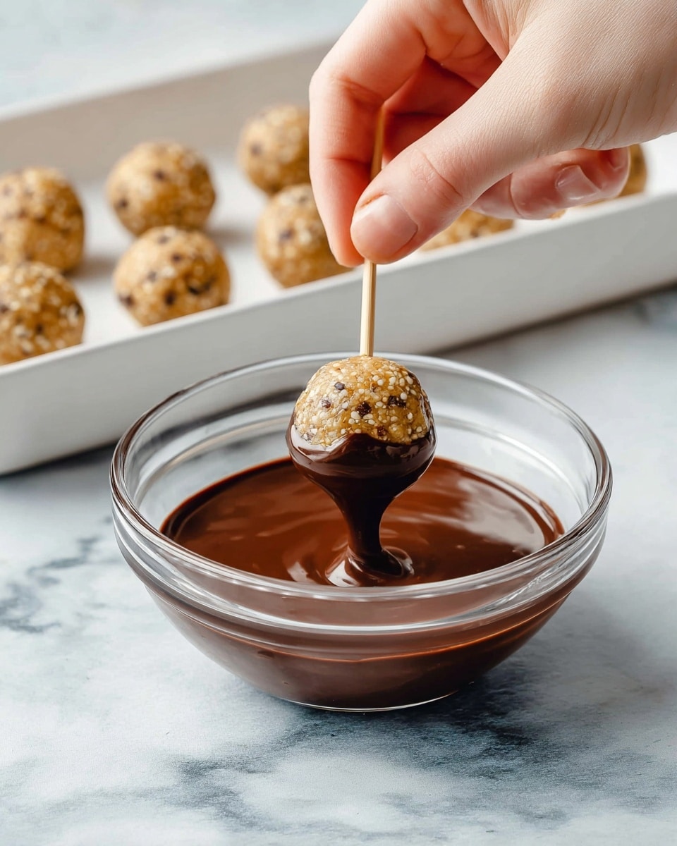 A close-up shows a woman's hand holding a toothpick that is dipping a round, beige-colored energy ball with visible seeds into a clear glass bowl filled with smooth, dark brown melted chocolate. Behind the bowl, a white rectangular tray holds several more energy balls arranged neatly. The scene is set on a white marbled surface, adding a clean and bright contrast to the chocolate and energy balls. photo taken with an iphone --ar 4:5 --v 7