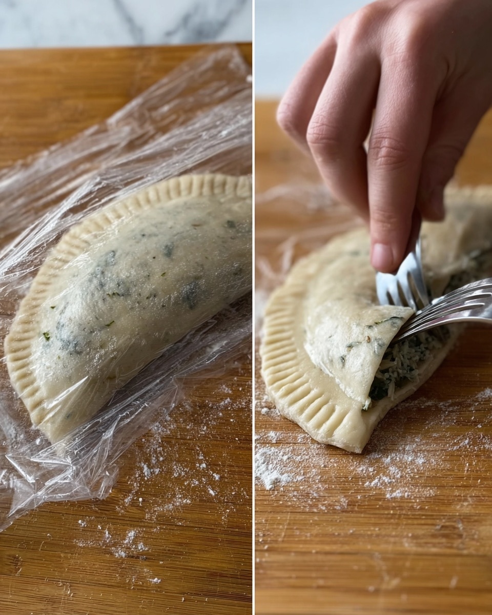 The image shows two close-up views of a hand folding and sealing a half-circle shaped dough filled with green herbs, on a wooden board with some flour dusted around. The dough is light beige with dark flakes, and the left image shows a woman's hand lifting a clear plastic wrap partially off the dough, revealing the filling inside. The right image shows a fork pressing down along the edge of the folded dough to seal it, creating a crimped edge. Both views focus closely on the dough’s texture and the sealing steps. The background is a white marbled texture photo taken with an iphone --ar 4:5 --v 7