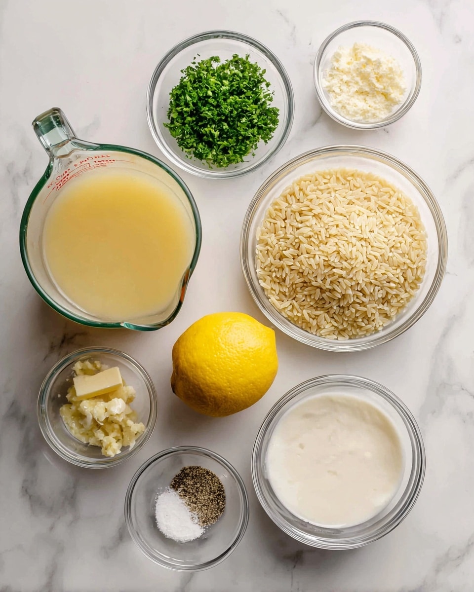 The image shows several clear glass bowls placed on a white marbled surface. From left to right, there is a large glass measuring cup filled with pale yellow broth, a smaller bowl with bright green chopped parsley, a tiny bowl of salt and pepper mix, a small bowl of minced garlic with a pale creamy color, and another small bowl with light yellow butter. Near the center, a whole yellow lemon sits next to a medium glass bowl filled with uncooked orzo pasta which is light beige. To the right, there is a glass measuring cup filled with white cream and a small clear bowl holding pale grated parmesan cheese. All containers are clean and neatly arranged with labels on the image identifying each ingredient. photo taken with an iphone --ar 4:5 --v 7