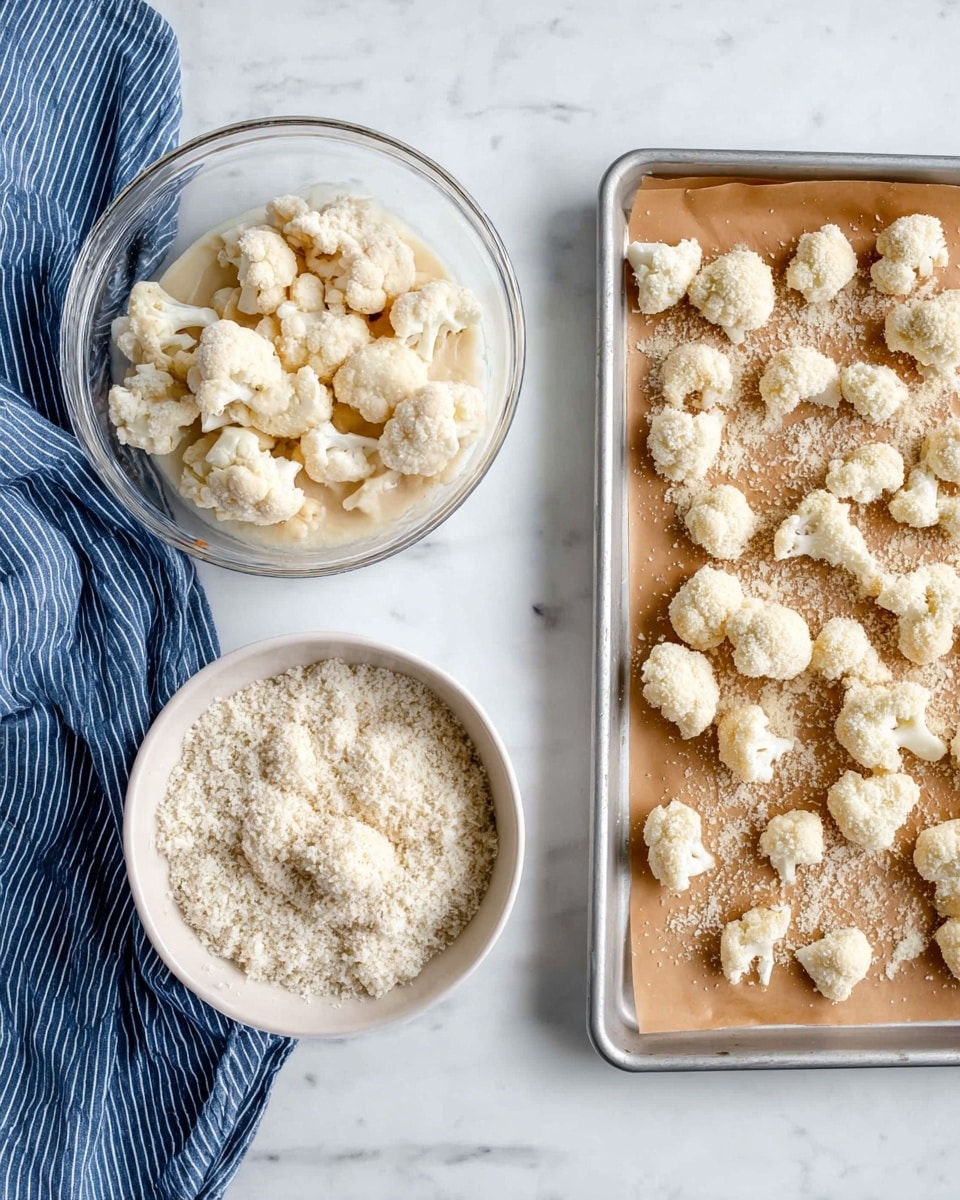 The image shows two side-by-side photos on a white marbled surface with a blue striped cloth on the left. On the left side, there is a clear bowl at the top containing white cauliflower florets covered in a creamy, light sauce, and below it, a white shallow bowl filled with white breadcrumbs with five cauliflower pieces partially covered in breadcrumbs sitting on top. On the right side, there is a silver baking tray lined with brown parchment paper, evenly spread with many small, breadcrumb-coated cauliflower pieces ready to bake. The image captures the stages of coating the cauliflower before cooking. Photo taken with an iphone --ar 4:5 --v 7