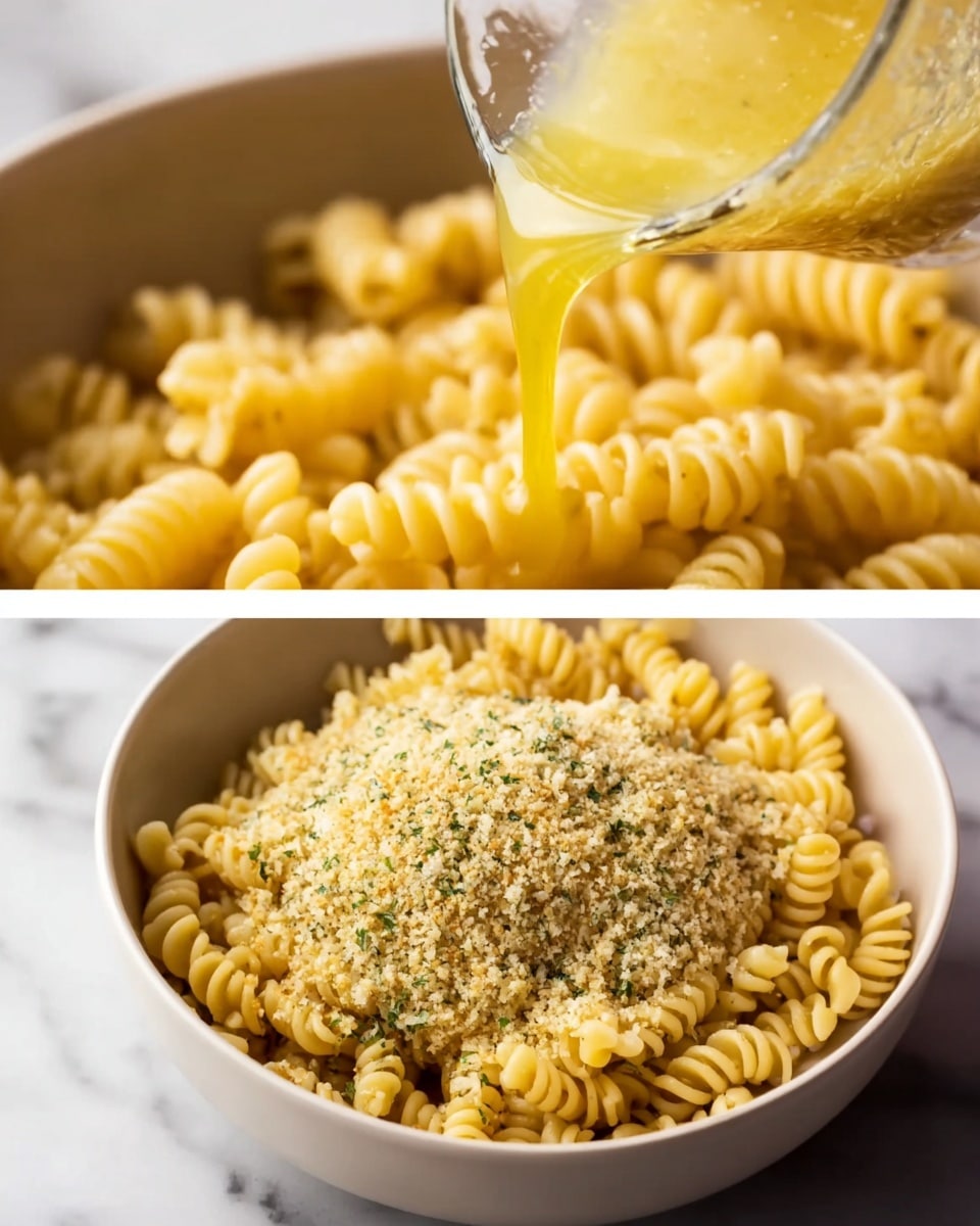 A white bowl filled with a layer of yellow cooked spiral pasta sits on a white marbled surface. In the first part of the image, a clear glass measuring cup is pouring melted butter over the pasta from above, showing a smooth, liquid yellow layer flowing onto the textured pasta below. In the second part, a pile of finely crumbed light tan breadcrumbs with green herb flecks is placed on top of the same yellow spiral pasta, covering the center area while the pasta curls are still visible around the edges. Photo taken with an iphone --ar 4:5 --v 7