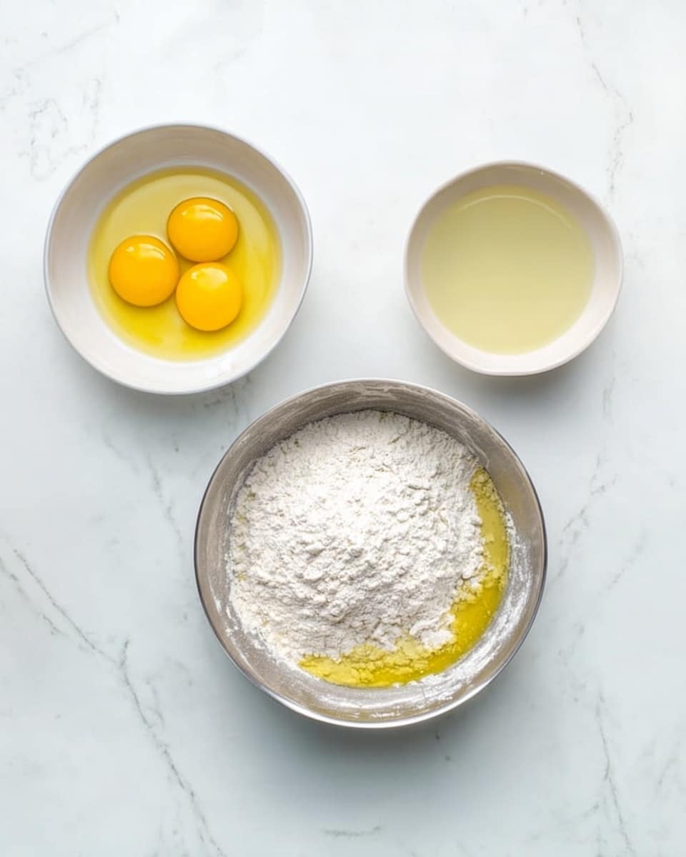 The image shows three white bowls and a metal pan placed on a white marbled surface. At the center, the silver pan contains a mound of white flour over a pool of light yellow oil. To the left, a small white bowl holds four bright yellow egg yolks floating in clear egg whites. To the right, another small white bowl is filled with a pale yellow liquid. The arrangement is neat, and the colors contrast softly against the light background. Photo taken with an iphone --ar 4:5 --v 7