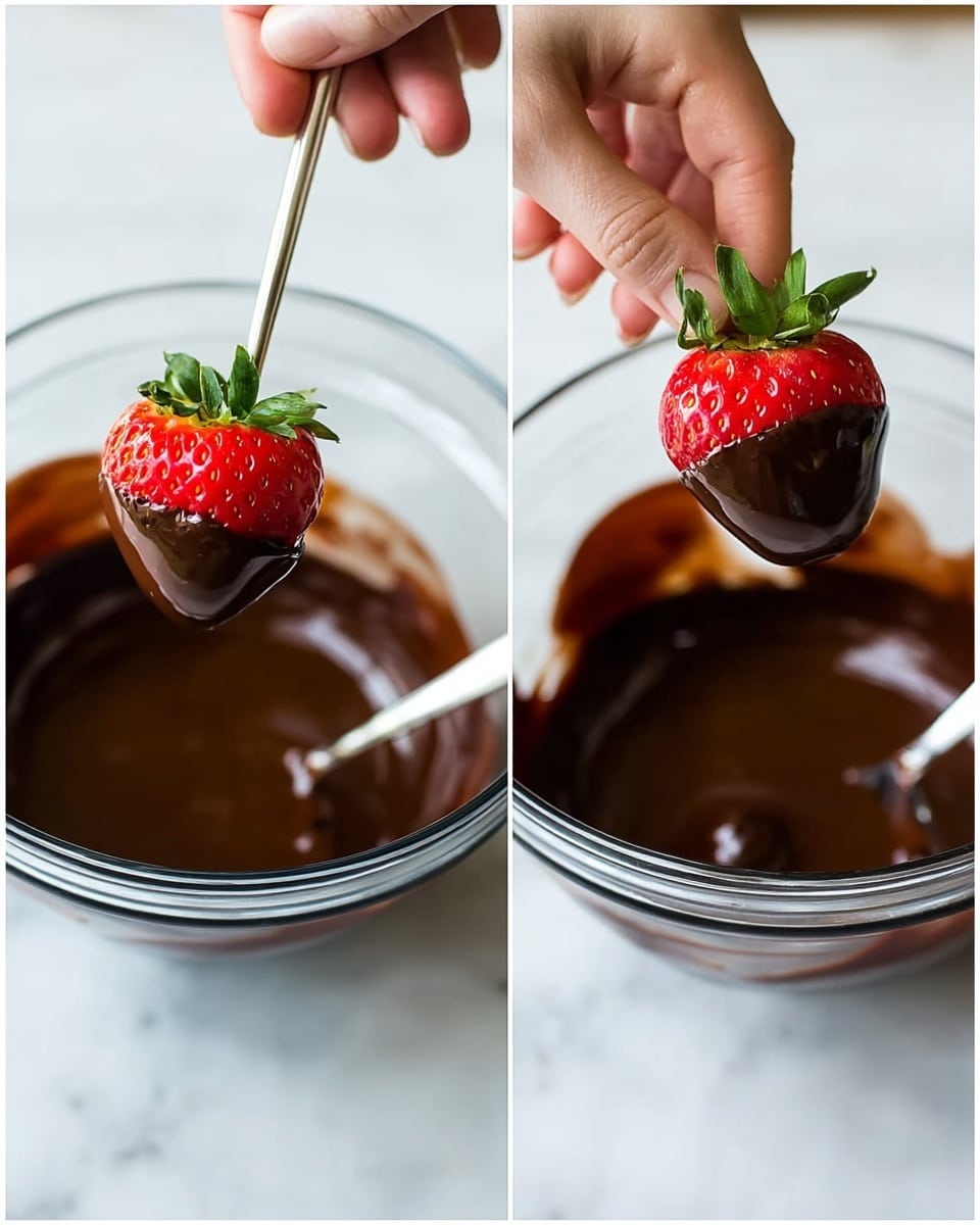 Two images side by side focus on a large clear glass bowl with melted dark chocolate inside, resting on a white marbled surface. In the left image, a woman's hand is holding a fresh red strawberry by the green leafy top, dipping it halfway into the smooth, shiny dark chocolate that fills most of the bowl; a silver spoon stands inside the bowl to the right of the strawberry. In the right image, the same woman's hand lifts the strawberry now fully coated in glossy chocolate, showing the thick chocolate layer covering the entire body of the fruit down to the leaves; the spoon remains in the bowl which still has melted chocolate inside. photo taken with an iphone --ar 4:5 --v 7