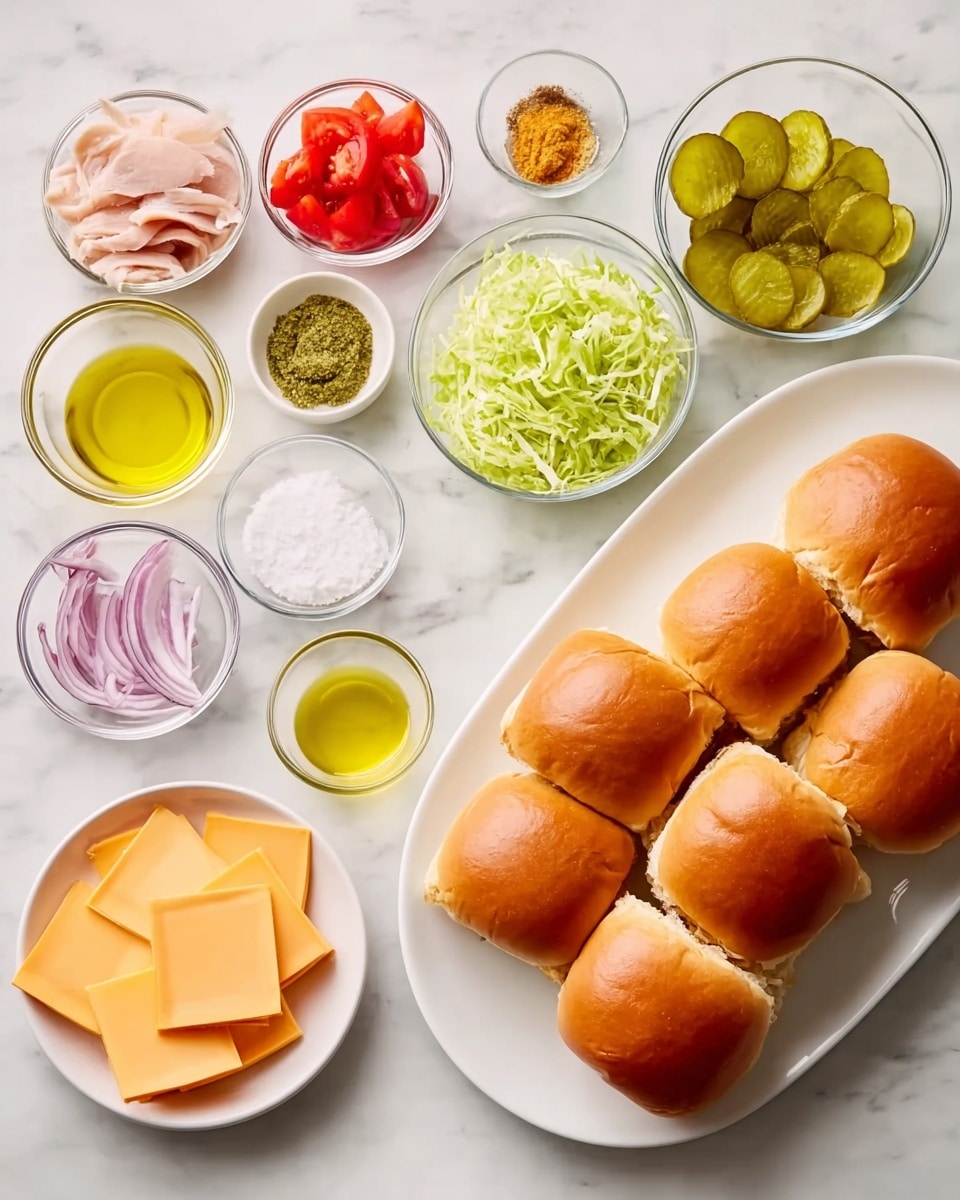 A white marbled surface holds a white oval plate with eight soft brown sandwich buns stacked close together on the right side. To the left, there are several small clear glass bowls arranged in rows: the top row has a bowl with sliced red tomatoes, a bowl with olive oil, and a bowl with a yellowish spice; the middle row has sliced green pickles, thin slices of red onions, and a red sauce; the bottom row holds shredded green lettuce, a light yellow liquid, a coarse green paste, and small piles of white salt. A larger bowl at the far left contains pale pink raw chicken strips, and below it, there is a bowl with square orange and white cheese slices. Photo taken with an iphone --ar 4:5 --v 7