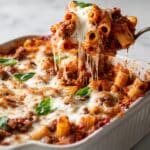 Mostaccioli Bake with Italian Sausage, Ricotta, and Mozzarella Recipe