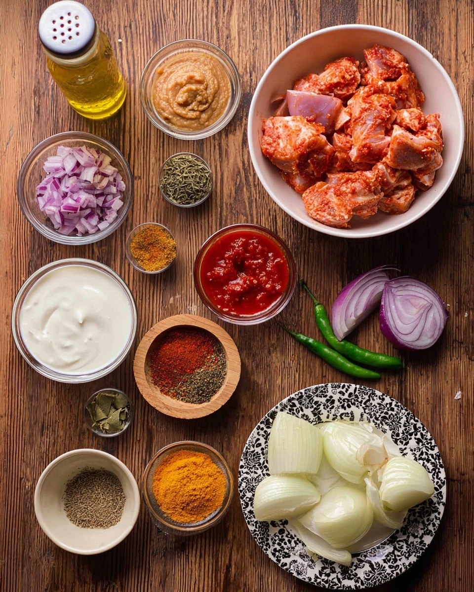 A top view of various ingredients arranged on a wooden surface, including a large white bowl filled with raw chicken pieces coated in a red spice mix, a small glass bowl with light tan ginger garlic paste, a small glass bowl with bright red crushed tomato, a small glass bowl with a chunky purple onion paste, a small white bowl holding dried green kasoori methi leaves and reddish-brown garam masala powder, a plain white bowl containing a mix of whole spices like bay leaf, cardamom, and cumin seeds, a small wooden bowl with colorful ground spices including turmeric, red chili powder, and salt, a clear glass bowl filled with white plain yogurt, and a white plate with a black patterned edge holding thick onion chunks and two fresh green chilies. A white marble textured mustard oil bottle is placed to the side. The photo is taken with an iphone --ar 4:5 --v 7