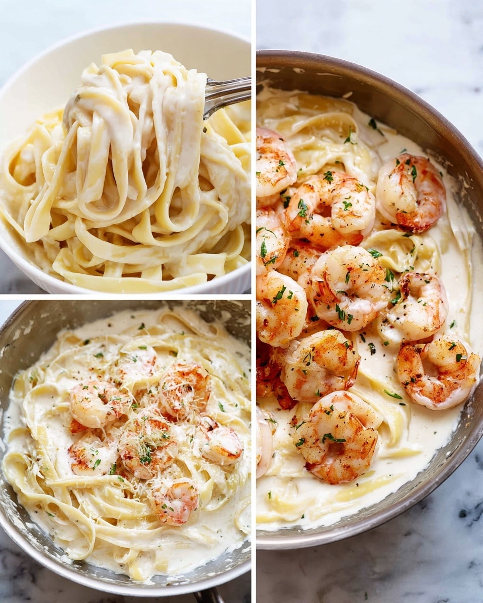 A white bowl filled with creamy fettuccine pasta, topped with cooked pink shrimp arranged in the center. The fettuccine noodles are covered in thick white sauce with a smooth, glossy texture. The shrimp have light brown sear marks and are slightly curled, sprinkled with small green herb pieces. The bowl sits on a white marbled surface. Photo taken with an iphone --ar 4:5 --v 7