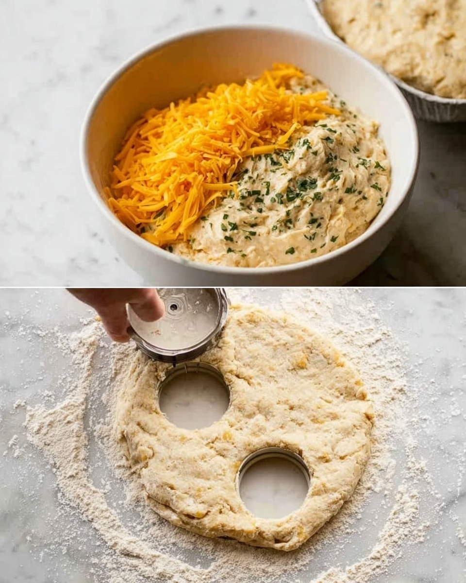 The first image shows a white bowl filled with a thick mixture that is mostly light beige with some green herbs sprinkled on top, and a pile of bright orange shredded cheese sitting on one side of the mixture. The second image shows a round dough flattened on a white marbled surface, dusted with flour, with two round shapes cut out from it using a metal cutter, and a woman's hand lightly holding the cutter in place. photo taken with an iphone --ar 4:5 --v 7