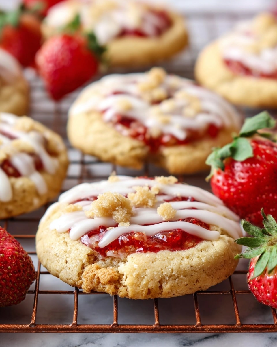 The image shows several round cookies placed on a metal cooling rack over a white marbled surface. Each cookie has three visible layers: a soft golden-brown base, a bright red strawberry jam layer in the center, and a sprinkle of light beige crumbly pieces on top. There is a thick drizzle of white icing lightly spread across each cookie, crossing over the jam and crumbs. Around the cookies, fresh whole strawberries with green leaves add vibrant red and green spots. The focus is on the cookie in the lower middle, showing detailed texture of crumbs and jam, with a slightly blurred background of other cookies and strawberries. photo taken with an iphone --ar 4:5 --v 7