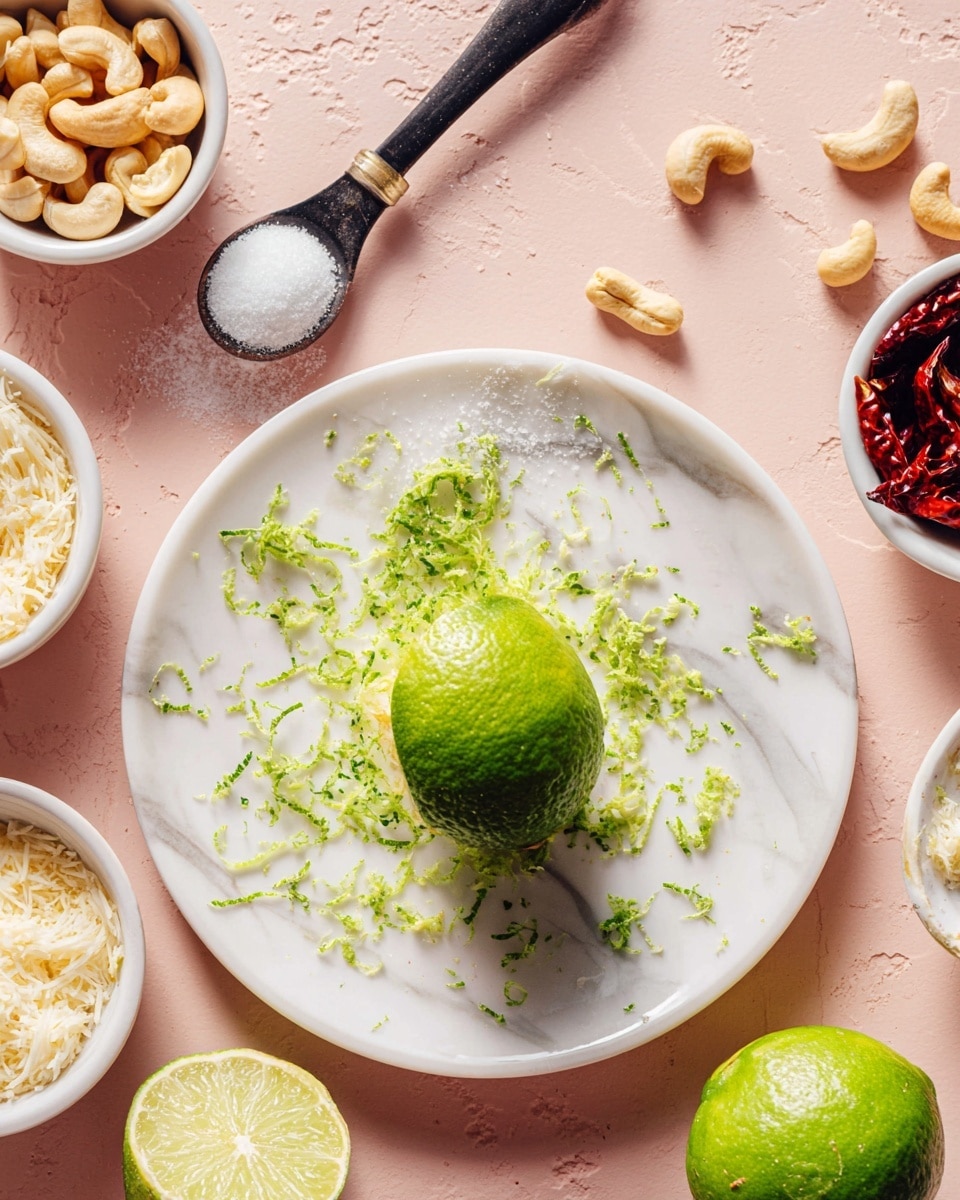 A white plate sits on a white marbled surface with a peeled lime in the center, surrounded by bright green lime zest shreds scattered unevenly around it. On the plate are two spoons—one white ceramic spoon lying across the top with a rounded handle, and a black spoon holding coarse salt and a little sauce. Around the plate are small white bowls filled with cashew nuts in the top left, grated cheese in the bottom left, and dried red chili peppers in the top right. Lime wedges and scattered rice grains add extra detail around the composition. The background is a soft pink color. Photo taken with an iphone --ar 4:5 --v 7