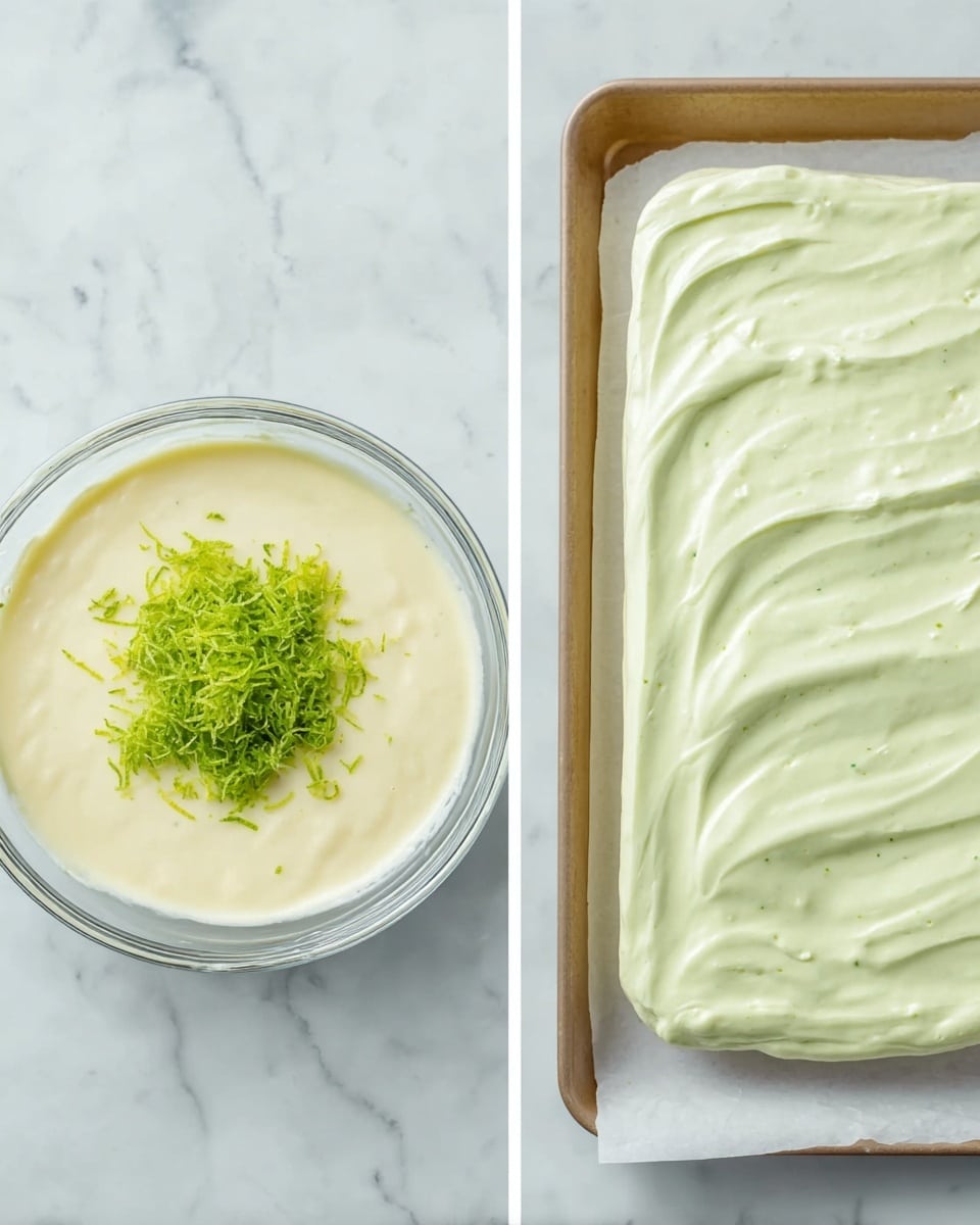 The image shows two photos side by side on a white marbled surface. On the left, there is a clear glass bowl with a creamy mixture inside; the mixture has a light yellow, smooth texture with a small pile of bright green lime zest on top in the center. On the right, a white tray lined with parchment paper holds a thin, even layer of pale green creamy batter spread smoothly across it, showing slight swirls and flecks of green throughout. Photo taken with an iphone --ar 4:5 --v 7