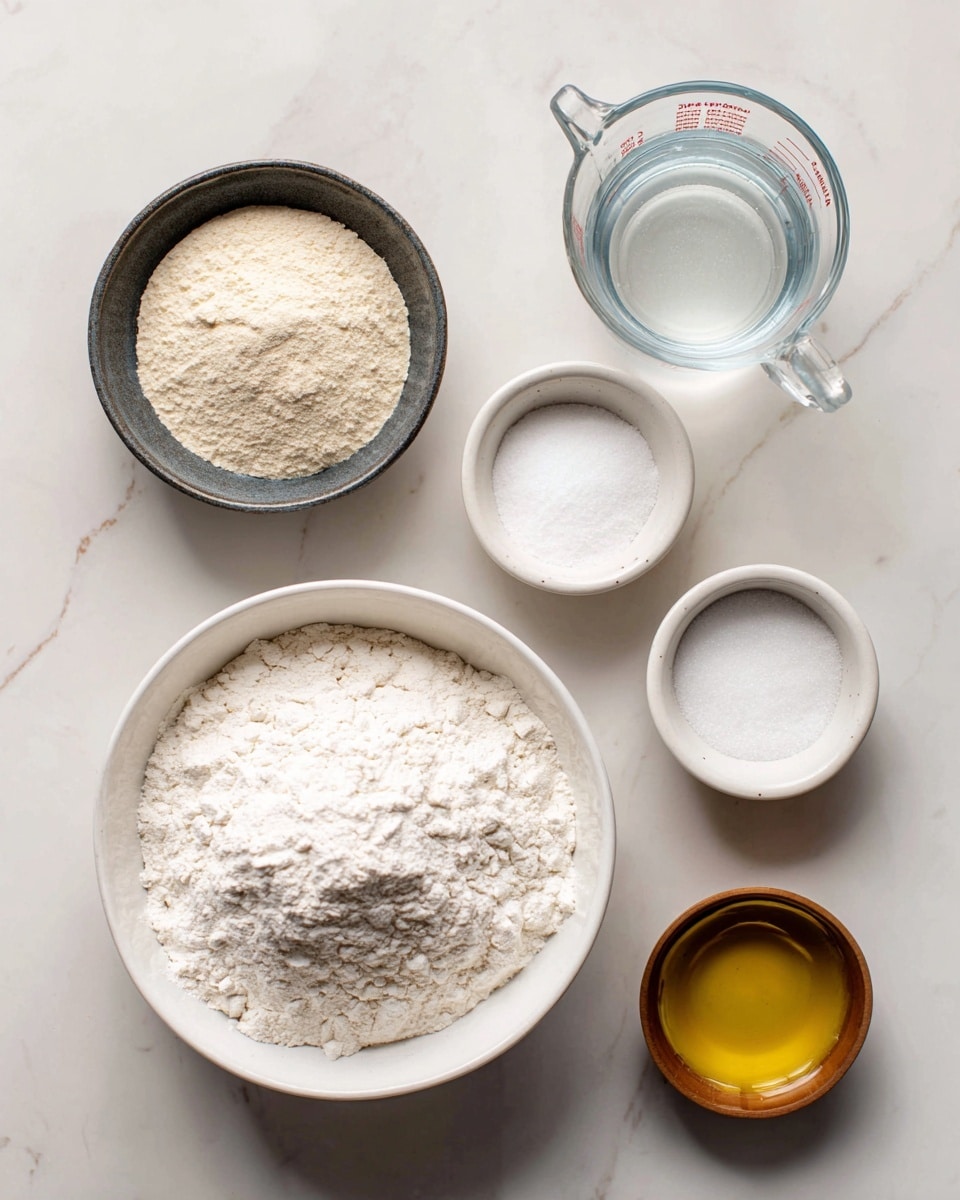 The image shows six bowls arranged on a white marbled surface, each containing a different ingredient for baking. In the center front, there is a large white bowl filled with a heap of white all-purpose flour. To the back left, a small dark bowl holds light beige dry active yeast powder. Next to it on the right, a small white bowl is filled with fine white granulated sugar. Below that, to the right, there is a clear glass measuring cup with warm water. To the back left near the flour, there is a small white bowl with fine white salt. Lastly, near the yeast, a small brown bowl contains golden olive oil. Each ingredient is clearly labeled with simple text. Photo taken with an iphone --ar 4:5 --v 7
