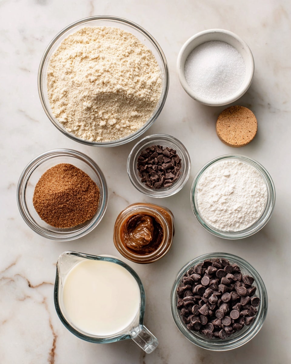 The image shows seven clear glass containers arranged on a white marbled surface, each filled with different ingredients. Starting from the top left, there is a large clear bowl with a light beige, crumbly powder labeled almond flour. To the right, a small white bowl holds fine off-white sea salt with a light wooden lid resting beside it. Below the almond flour is a glass jar filled with brown, granulated coconut sugar, its lid open. In the center, a small clear bowl contains thick, dark brown almond butter. Below that, a clear measuring cup with a handle is filled with creamy white dairy-free milk. To the bottom right, another clear glass jar is full of dark round chocolate chips, also with its lid open. Lastly, a small jar contains white baking powder, sitting to the right of the almond butter. The texture of each ingredient is clear, and the lighting is soft and natural. Photo taken with an iphone --ar 4:5 --v 7
