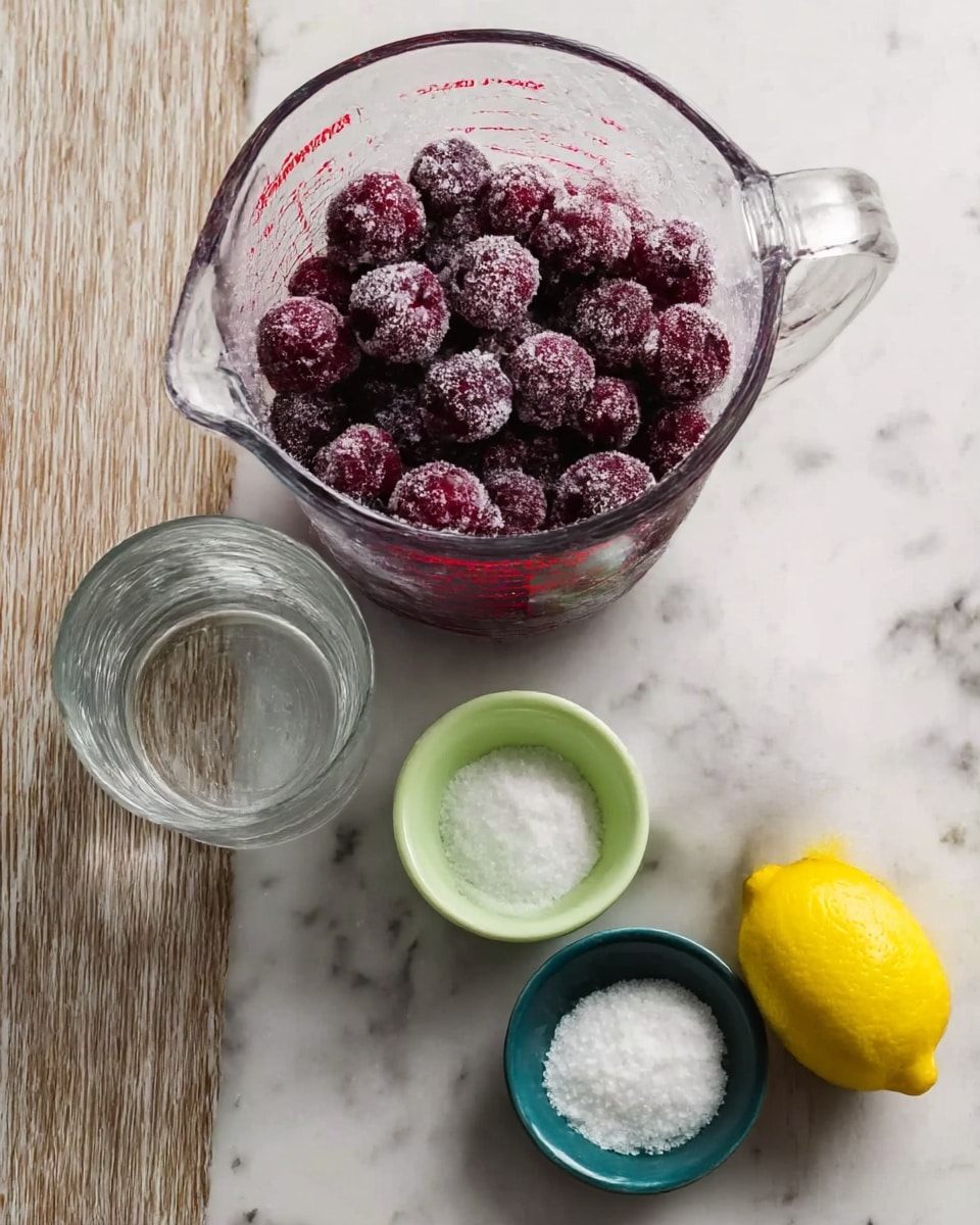 A clear glass measuring cup filled with dark red frozen cherries covered in frost is positioned on the left side of the image. Surrounding it on a wooden surface are four small containers: a clear glass of water, a pale green small bowl containing white powder, a small dark green bowl holding white granulated sugar, and a whole bright yellow lemon placed to the right. The layout is arranged neatly with the ingredients spaced evenly, all set on a white marbled texture surface. photo taken with an iphone --ar 4:5 --v 7