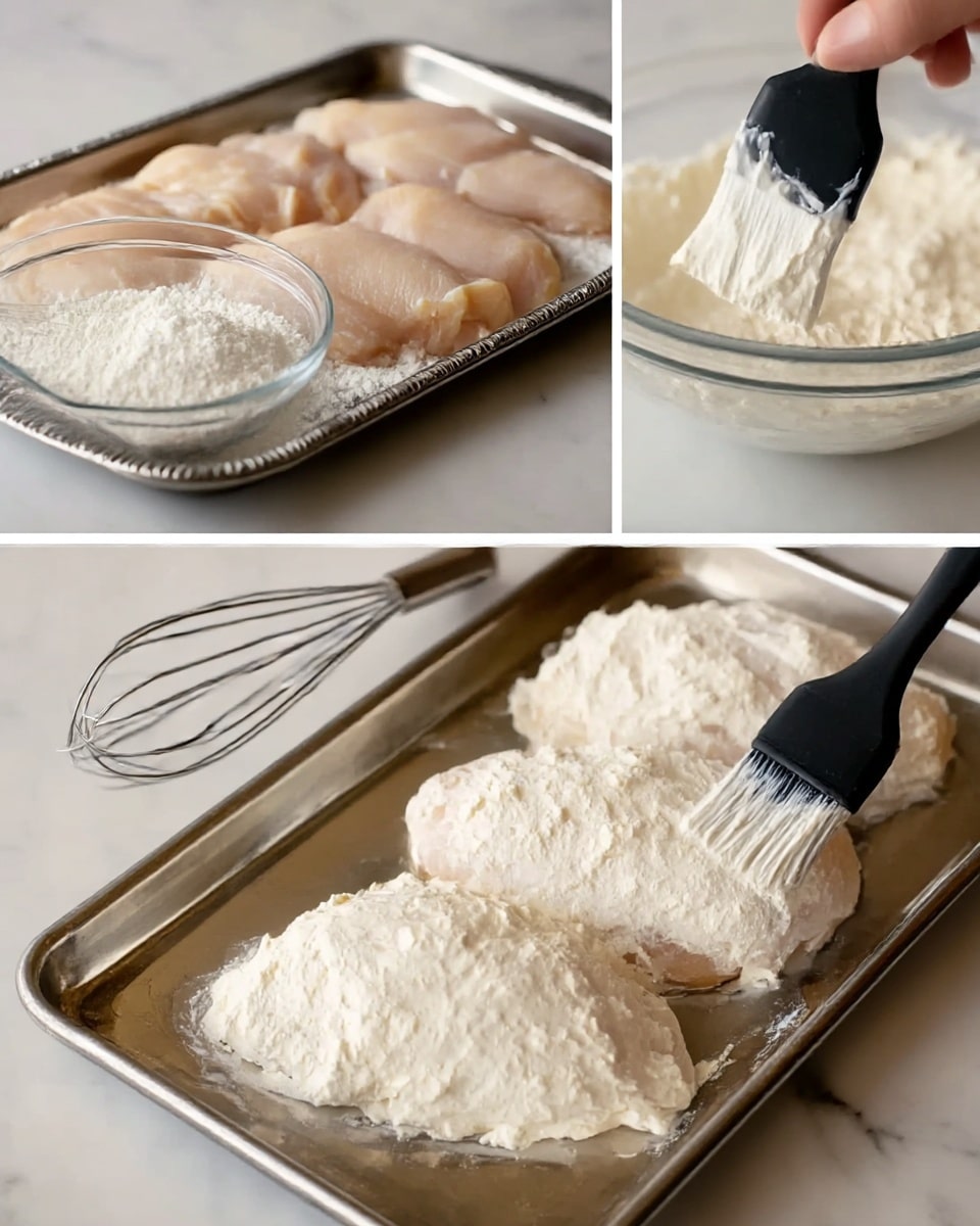 The image shows three parts of making coated chicken pieces. In the first part, boneless raw chicken pieces are laid on a silver tray beside a clear glass bowl filled with white flour or batter, with a small metal whisk inside on a white marbled surface. The second part shows a close-up of a woman's hand brushing white batter or sauce thickly on a large raw chicken piece using a black brush. The third part shows three chicken pieces fully covered with thick white batter laid on a silver tray, with the black brush resting on the tray near the chicken, all set on a white marbled surface. photo taken with an iphone --ar 4:5 --v 7