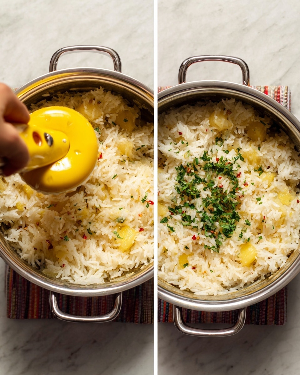 Two close-up images show a silver pot filled with fluffy white rice mixed with small yellow pineapple pieces and tiny red chili flakes. In the left image, a woman's hand holds a bright yellow lemon squeezer above the pot, about to squeeze fresh juice onto the rice. The rice has a soft texture with slightly separated grains and subtle yellow bits scattered throughout. In the right image, the pot of rice is topped with fresh green chopped herbs, adding a vibrant contrast to the white rice and yellow pineapple. Both images show the pot resting on a folded, colorful cloth on a white marbled surface. photo taken with an iphone --ar 4:5 --v 7
