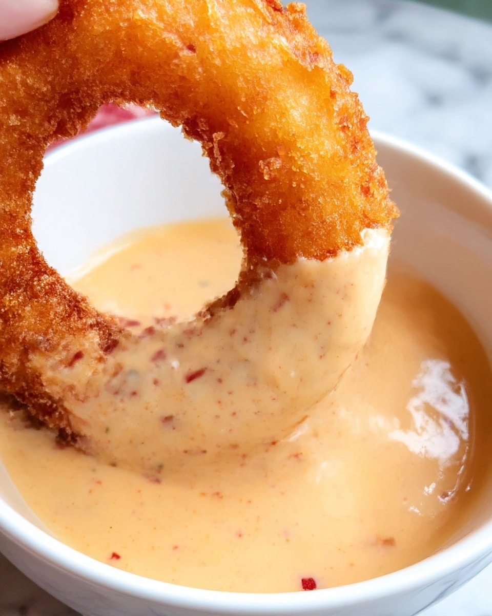 A close-up view of a single golden brown crispy battered ring being dipped halfway into a bowl of creamy light orange sauce with visible red and black specks, the sauce has a smooth, slightly thick texture, the bowl is white and sits on a white marbled surface partially visible beneath it, a woman's hand holds the battered ring from above, the sauce coats the bottom half of the ring showing a rich and inviting texture photo taken with an iphone --ar 4:5 --v 7