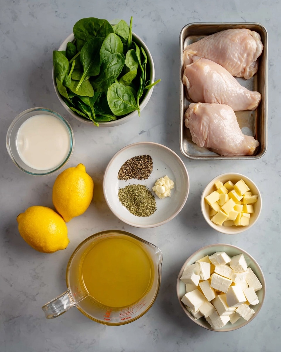 A flat lay of ingredients on a white marbled surface showing three raw chicken pieces placed in a small metal tray at the top right; next to it, a small white bowl with yellow butter cubes. Below the butter is a round white bowl with black pepper, dried herbs, and beige powder spices divided into three sections. To the right of that, a small white bowl contains minced garlic. At the bottom right corner, a white bowl filled with white cheese cubes with a soft texture is visible. Near the center, slightly left, there is a clear measuring cup with yellow broth, and two whole yellow lemons lie side by side below it. At the top left corner, a white bowl is filled with fresh green spinach leaves, and at the bottom left, a clear measuring jug holds white cream liquid. The colors are soft and natural with a clear focus on the arrangement and freshness of the ingredients. Photo taken with an iphone --ar 4:5 --v 7