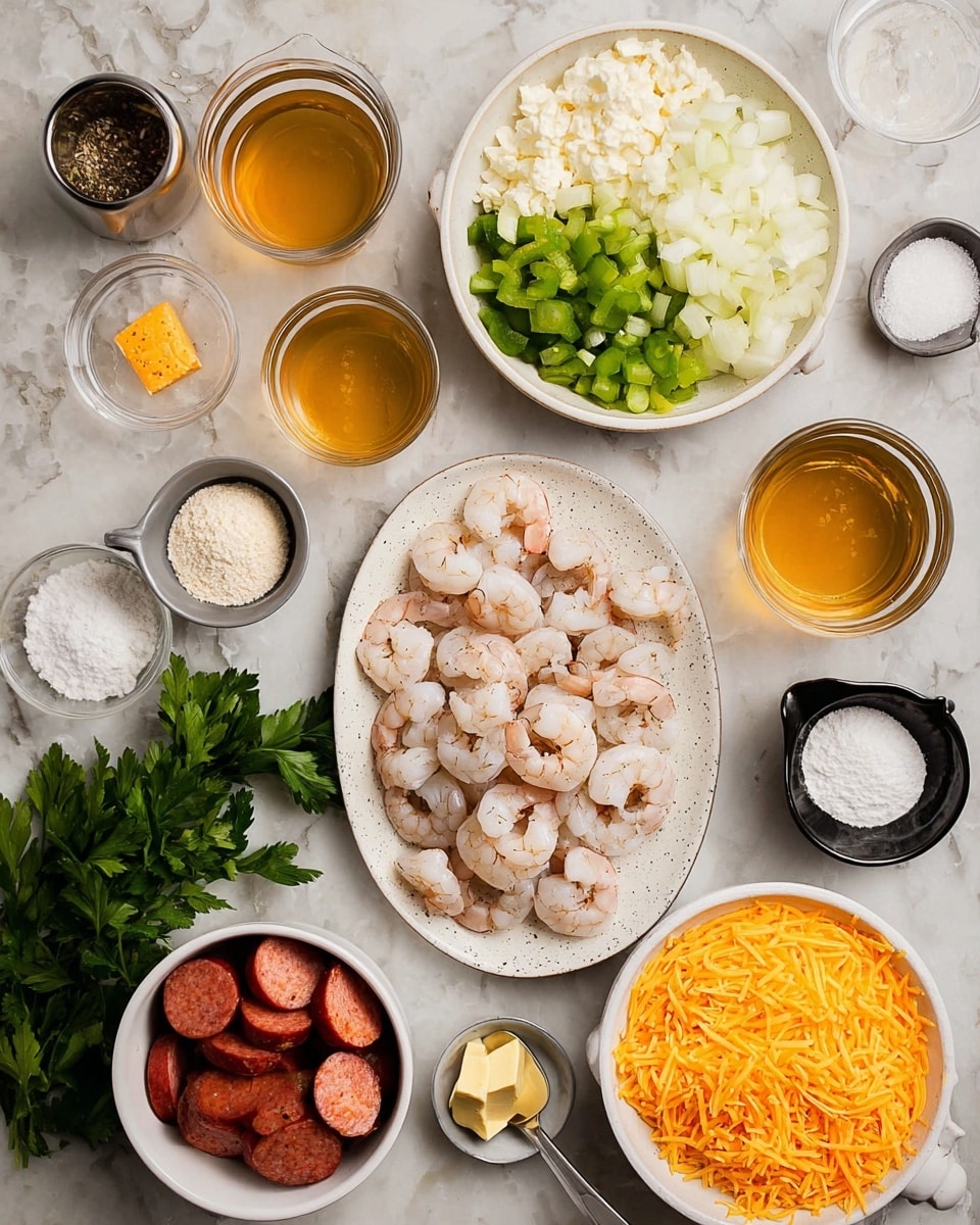 The image shows a variety of cooking ingredients laid out on a white marbled surface. At the center is an oval white speckled plate filled with peeled shrimp, their pale pink bodies curled and tails still on. Above this plate is a round white speckled bowl containing three sections of chopped vegetables: white onions, green bell peppers, and celery. To the right, another round white speckled bowl holds shredded cheddar cheese, its bright orange color contrasting with the other ingredients. Around these are several small bowls and measuring cups holding more ingredients: two clear measuring cups with golden broth, a black measuring cup with white granulated rice, a black measuring cup with white flour, a white small bowl with minced garlic, a small black bowl with a powdery white substance, a white small bowl of orange seasoning powder, a small white dish with yellow butter cubes, and a small white bowl with ground spices. There's also a small bowl filled with several slices of red sausage on the lower left side, along with fresh green parsley sprigs clustered nearby. The photo taken with an iphone --ar 4:5 --v 7