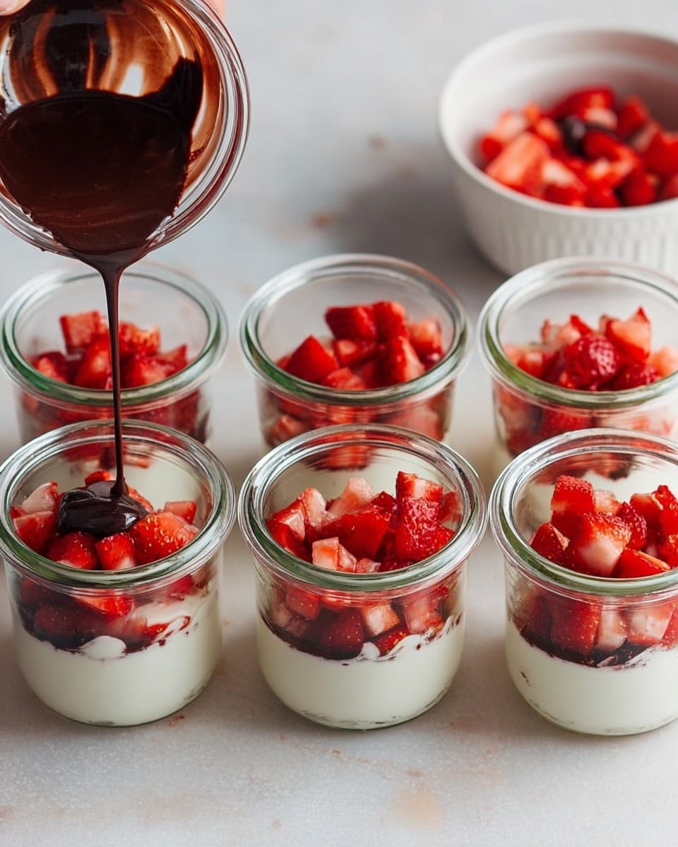 The image shows six clear glass jars arranged on a white marbled surface in two rows. Each jar has two main layers: the bottom layer is white and creamy, filling about half the jar, and the top layer is made of small, chopped red strawberries. A dark chocolate sauce is being poured from above onto the strawberries in one jar on the right. In the background, a white bowl with more chopped strawberries is partially visible. A woman's hand is holding the bowl to pour the sauce. The overall look is fresh and colorful with a clear contrast between white cream, red fruit, and dark chocolate. photo taken with an iphone --ar 4:5 --v 7