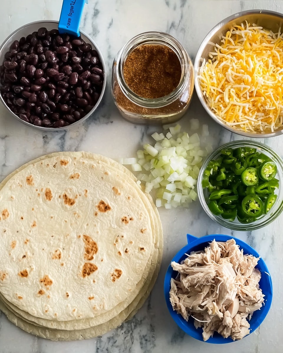 The image shows the ingredients for making tacos arranged neatly on a white marbled surface. On the left, there is a small stack of soft flour tortillas with light brown spots. To the right of the tortillas are five separate piles and containers of taco ingredients: black beans in a blue measuring cup at the top left, a glass jar filled with brown taco seasoning next to it, a small round metal bowl filled with shredded yellow and white cheese on the top right, chopped white onions and chopped green jalapeños in the center, and cooked, shredded light-colored chicken in a blue measuring cup on the bottom right. Photo taken with an iphone --ar 4:5 --v 7