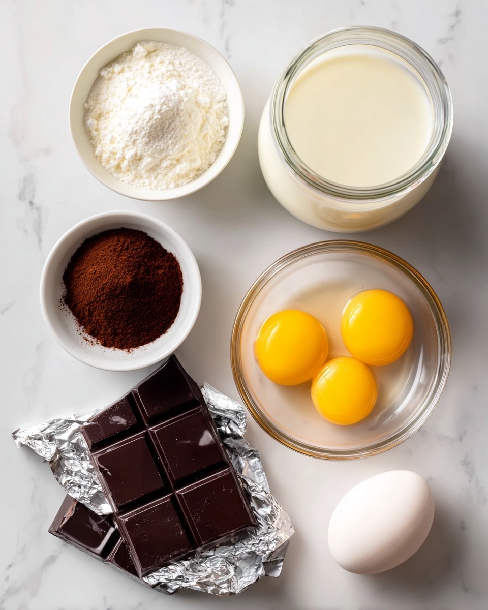 The image shows ingredients arranged on a white marbled surface. There is a clear glass bowl with four bright yellow egg yolks, positioned on the lower right. Above it, a large clear glass jar filled with white heavy cream sits next to a smaller clear glass jar containing whole milk. To the left, a small white bowl holds a fine white salt, and just above it is a small white bowl filled with dark brown espresso powder. Below the bowls is a partially unwrapped bar of dark semi-sweet chocolate, its foil wrapper shiny and crinkled. The items are spaced neatly, with soft, natural lighting highlighting the smooth textures and rich colors. Photo taken with an iphone --ar 4:5 --v 7
