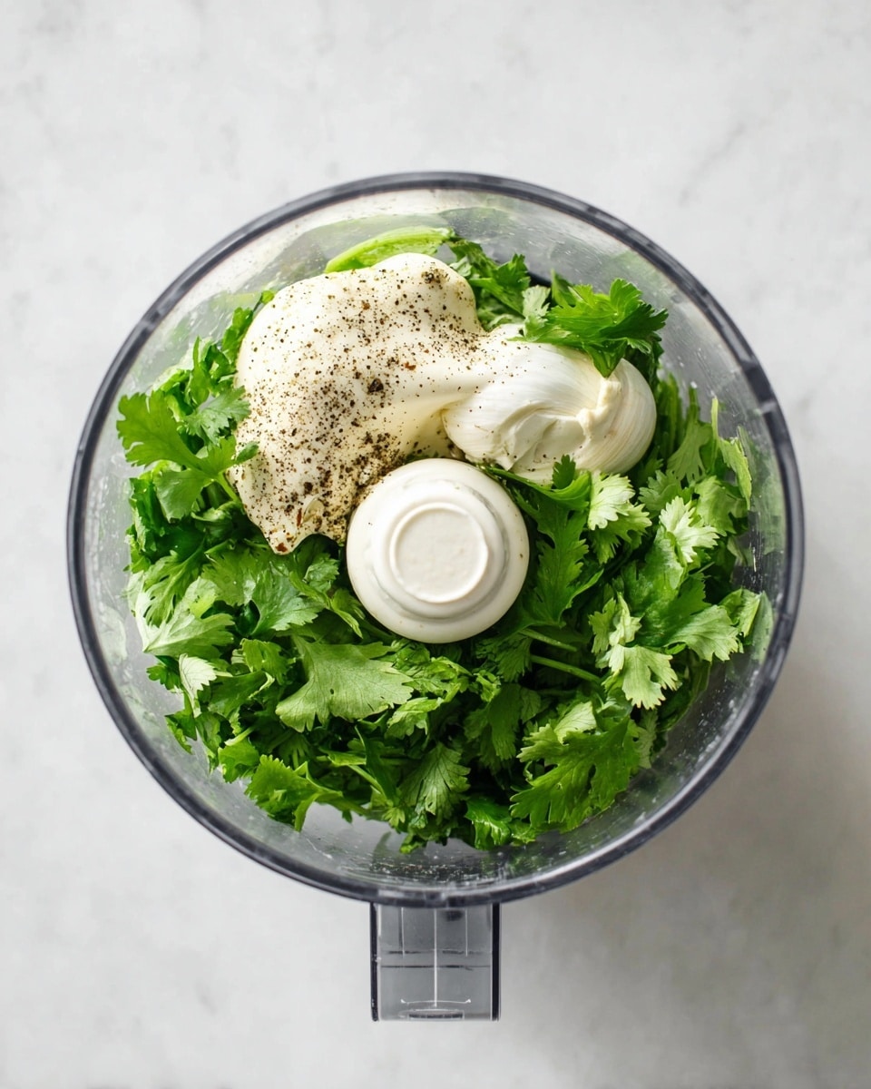 A clear food processor bowl sits on a white marbled surface, filled with three main layers visible from above: the bottom layer is a bunch of bright green fresh cilantro leaves with varied shapes and textures, the middle layer shows a dollop of thick, creamy white mayonnaise sprinkled with cracked black pepper, and the top layer has a single whole white garlic clove resting on the cilantro, adding contrast. The central white plastic blade holder of the food processor is in the middle. The image is bright and clean, showing fresh ingredients ready for blending. photo taken with an iphone --ar 4:5 --v 7