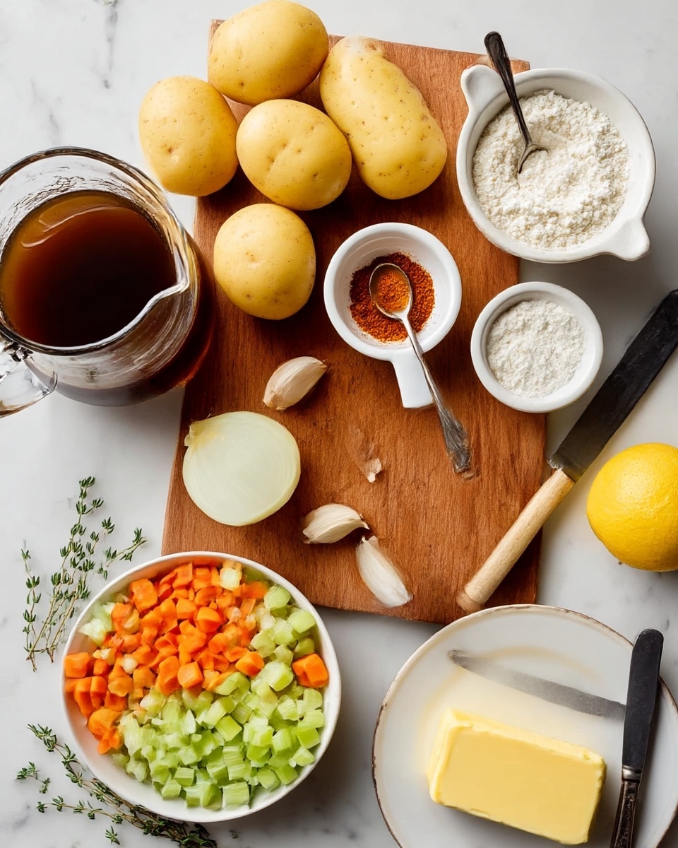 The image shows a wooden cutting board on a white marbled surface with six whole yellow potatoes spread out on it, along with a knife and a small white bowl containing reddish-brown spice with a metal spoon in it. Next to this is a small white measuring cup filled with flour, a lemon, and two garlic cloves. Below the board, there is a clear pitcher filled with dark brown liquid on the left, and next to it a white bowl filled with chopped vegetables arranged in three sections: orange carrots, green celery, and white onion. On the right side, there is a white plate holding a yellow stick of butter with a small silver butter knife resting on it. Fresh green thyme sprigs are scattered near the bottom left corner on the white marbled surface. Photo taken with an iphone --ar 4:5 --v 7