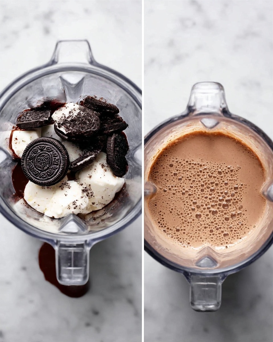 The first image shows a clear blender pitcher filled with broken black sandwich cookies layered on top of white ice cream chunks and a dark syrupy chocolate sauce on one side, all set on a white marbled surface. The second image shows the same blender pitcher now filled with a light brown creamy mixture with small bubbles on the top, indicating the ingredients have been blended smoothly, again set on the white marbled surface. photo taken with an iphone --ar 4:5 --v 7