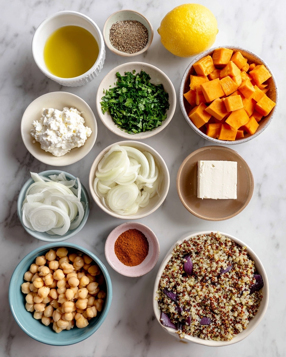 This image shows several small white bowls and one cup on a white marbled surface. There are nine different ingredients arranged neatly: at the top left, a small bowl with golden yellow olive oil; next to it a white bowl with plain white Greek yogurt; a bright yellow lemon placed near the top center; a white bowl filled with bright orange sweet potato cubes to the top right; a brown bowl with a rectangular block of white feta cheese below the sweet potato bowl; a small vibrant bowl of chopped green parsley next to the feta; a small white bowl with round light beige canned chickpeas positioned lower left; a white bowl with finely sliced white onion slices in the center; a larger white bowl filled with cooked quinoa, showing specks of brown, red, and white grains to the bottom right; and a light blue bowl with pale cubes of eggplant with dark purple skin at the bottom left. There is also a small pale pink bowl containing four different ground spices—red paprika, light brown cumin, cinnamon, and green coriander—near the middle left. Everything is placed neatly on the white marbled surface with clear labels above each ingredient. Photo taken with an iphone --ar 4:5 --v 7