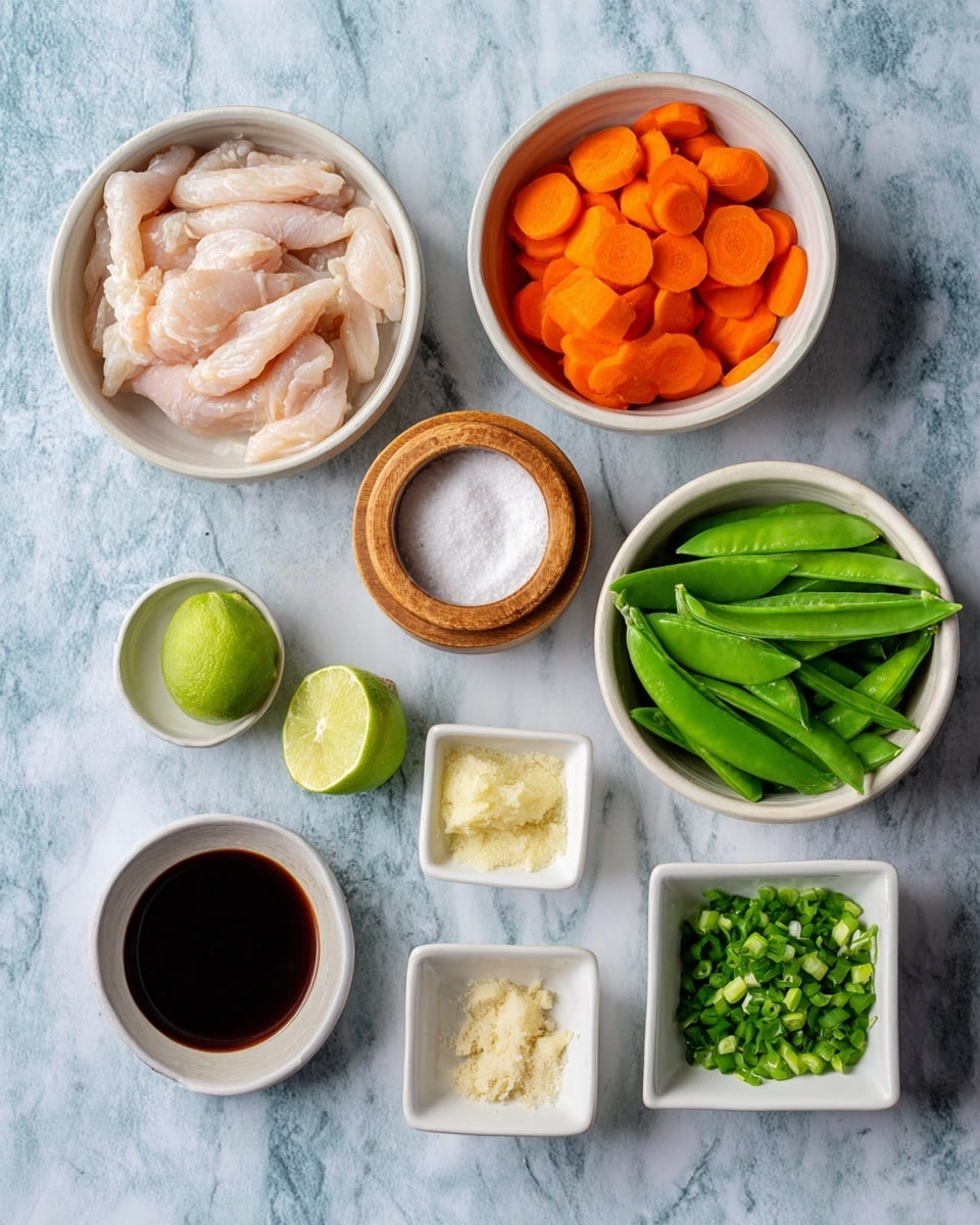The image shows a flat lay of several small bowls and containers arranged on a white marbled surface. On the top left is a white bowl filled with raw, pale pink chicken strips. Next to it is a white bowl filled with bright orange carrot slices. Below the carrots, there is a round wooden container with its lid open, showing white salt inside. To the right of the salt, a white bowl is full of vibrant green snap peas. Below the chicken bowl, there is a halved lime with a green outer peel and a juicy light green inside. Below the lime, a small white bowl holds a clear pale liquid, while nearby, two small square bowls contain finely grated ginger and a white powder. A white round bowl at the bottom center contains a dark brown soy sauce-like liquid, and next to it, a white bowl is filled with bright green chopped scallions. The overall arrangement is neat and colorful with a clean, bright look. Photo taken with an iphone --ar 4:5 --v 7