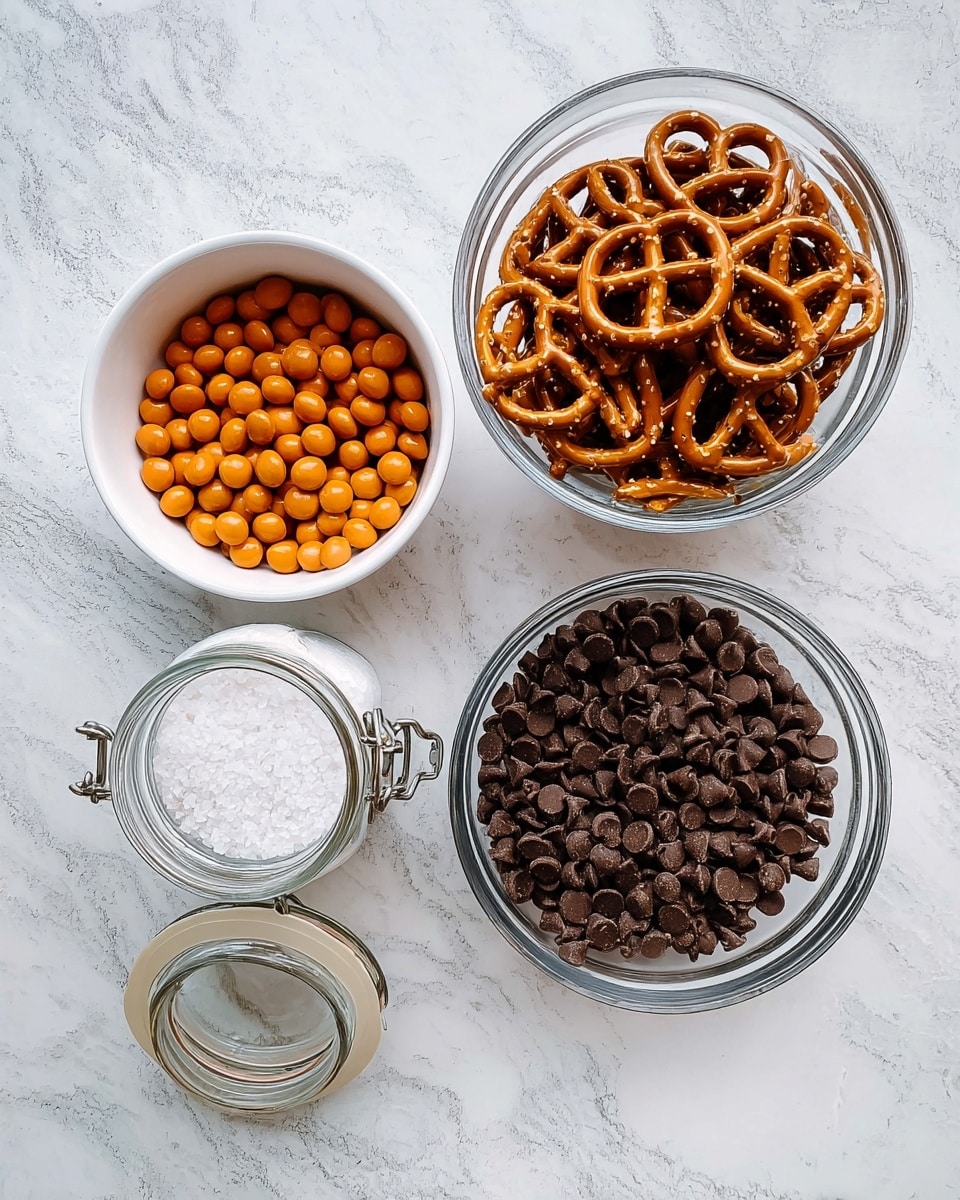 The image shows four small containers on a white marbled surface. On the top right, a transparent bowl is filled with brown pretzels that have a glossy texture and visible salt grains. Below it, a similar transparent bowl holds many small, dark brown chocolate chips with a smooth texture. To the left of these bowls, there is a white bowl filled with small, round, orange candy-coated chocolates. At the bottom left, a small clear glass jar with a white clamp lid is open and contains white coarse salt. photo taken with an iphone --ar 4:5 --v 7