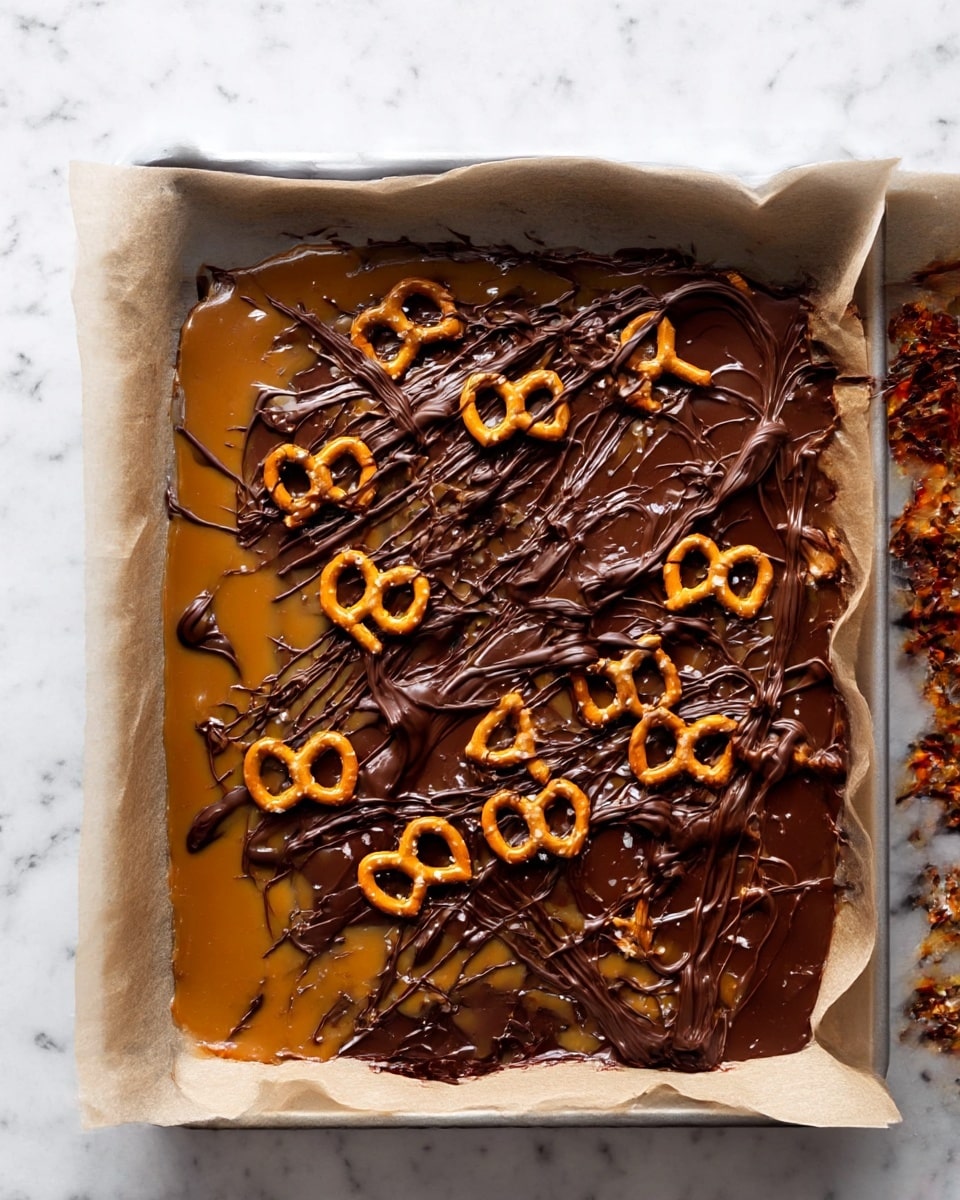 The image shows a square layer of dark brown melted chocolate spread on parchment paper inside a baking tray, topped with a layer of light brown caramel sauce that is unevenly spread, allowing some of the chocolate to show through. Scattered on top of the caramel are small salty pretzels, arranged loosely but covering most of the surface, with extra swirls of dark chocolate drizzled over the entire top, creating a shiny, textured finish. The baking tray is on a white marbled surface. Photo taken with an iphone --ar 4:5 --v 7
